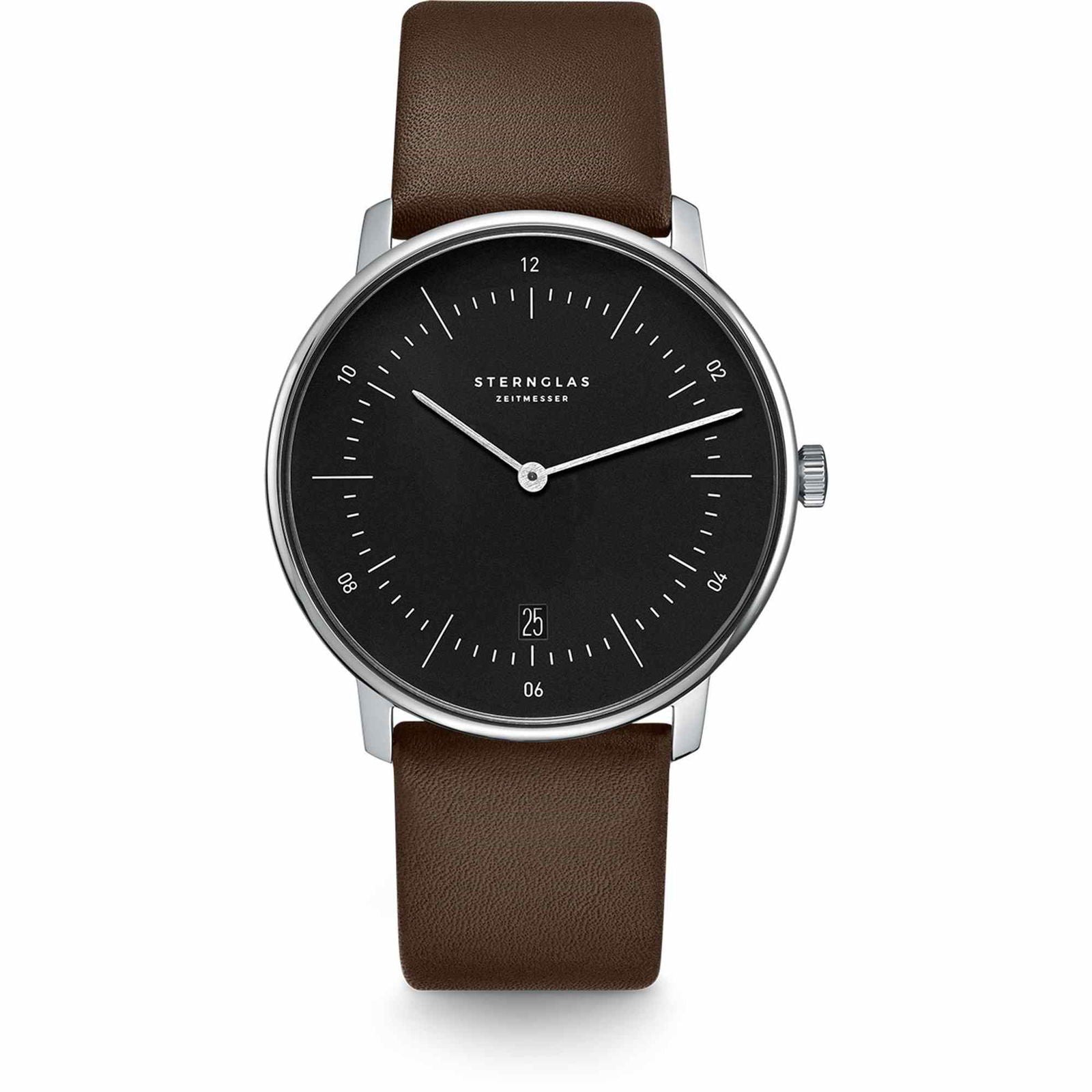 Sternglas Naos 38mm Quartz Watch S01-NA03-PR04, Black Silver Dial, Sapphire Crystal, Premium Dark Brown Leather Strap, 5 ATM Water Resistant