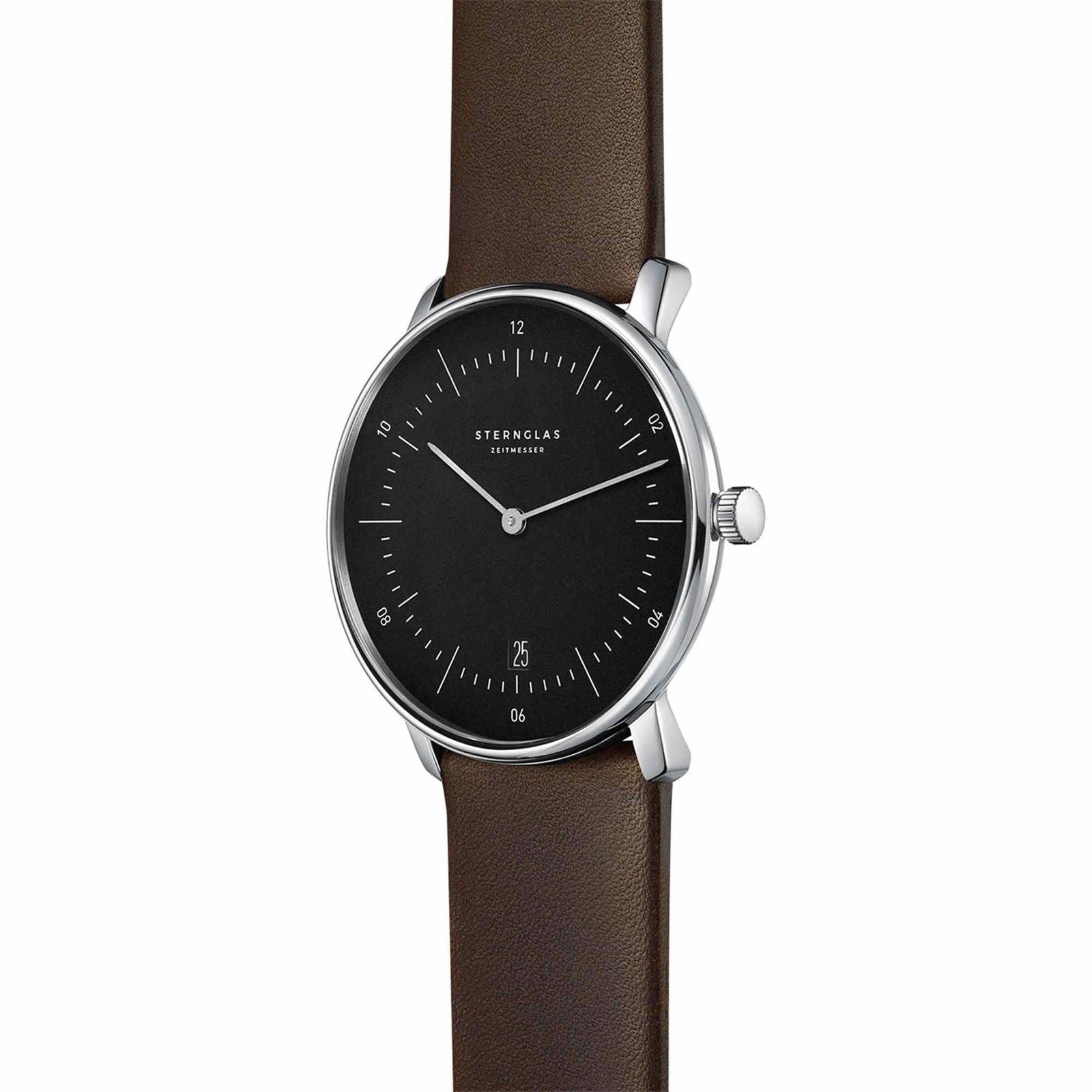 Sternglas Naos 38mm Quartz Watch S01-NA03-PR04, Black Silver Dial, Sapphire Crystal, Premium Dark Brown Leather Strap, 5 ATM Water Resistant