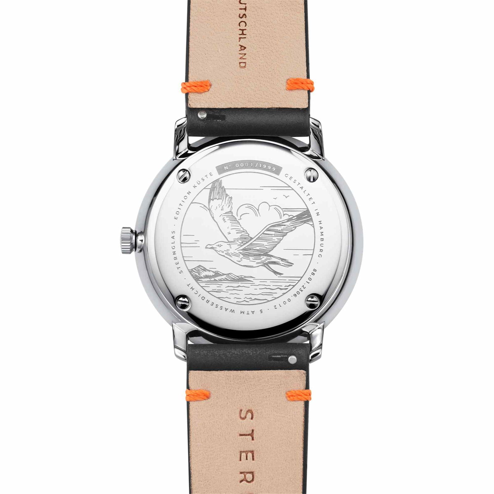 Sternglas NAOS EDITION KÜSTE 38mm Watch S01-NAK06-EB05, Blue-Orange Dial, Sapphire Crystal, Black-Orange Leather Strap, 5 ATM Water Resistant