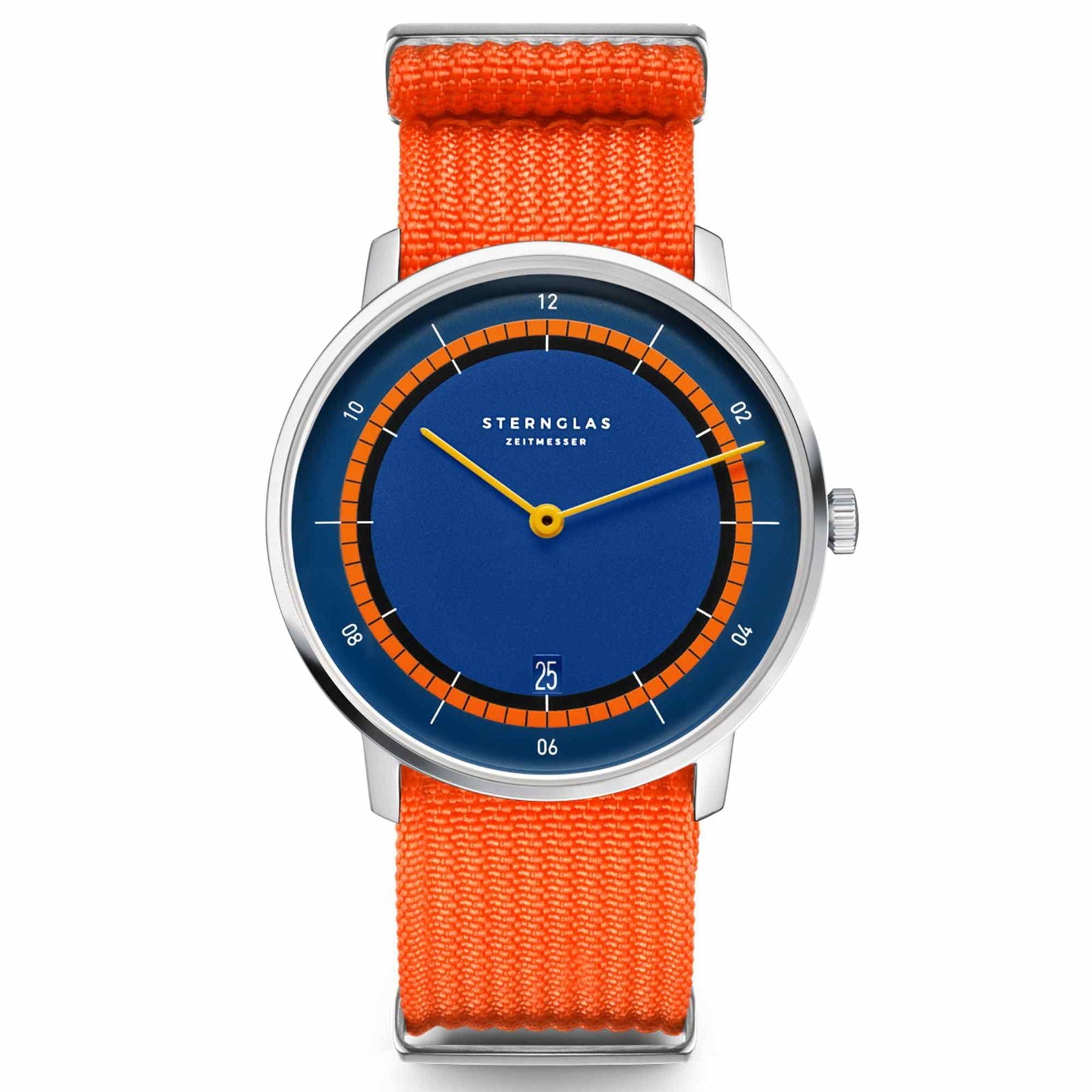 Sternglas NAOS EDITION KÜSTE 38mm Watch S01-NAK06-FI02, Blue-Orange Dial, Sapphire Crystal, Signal Orange Nylon Strap, 5 ATM Water Resistant