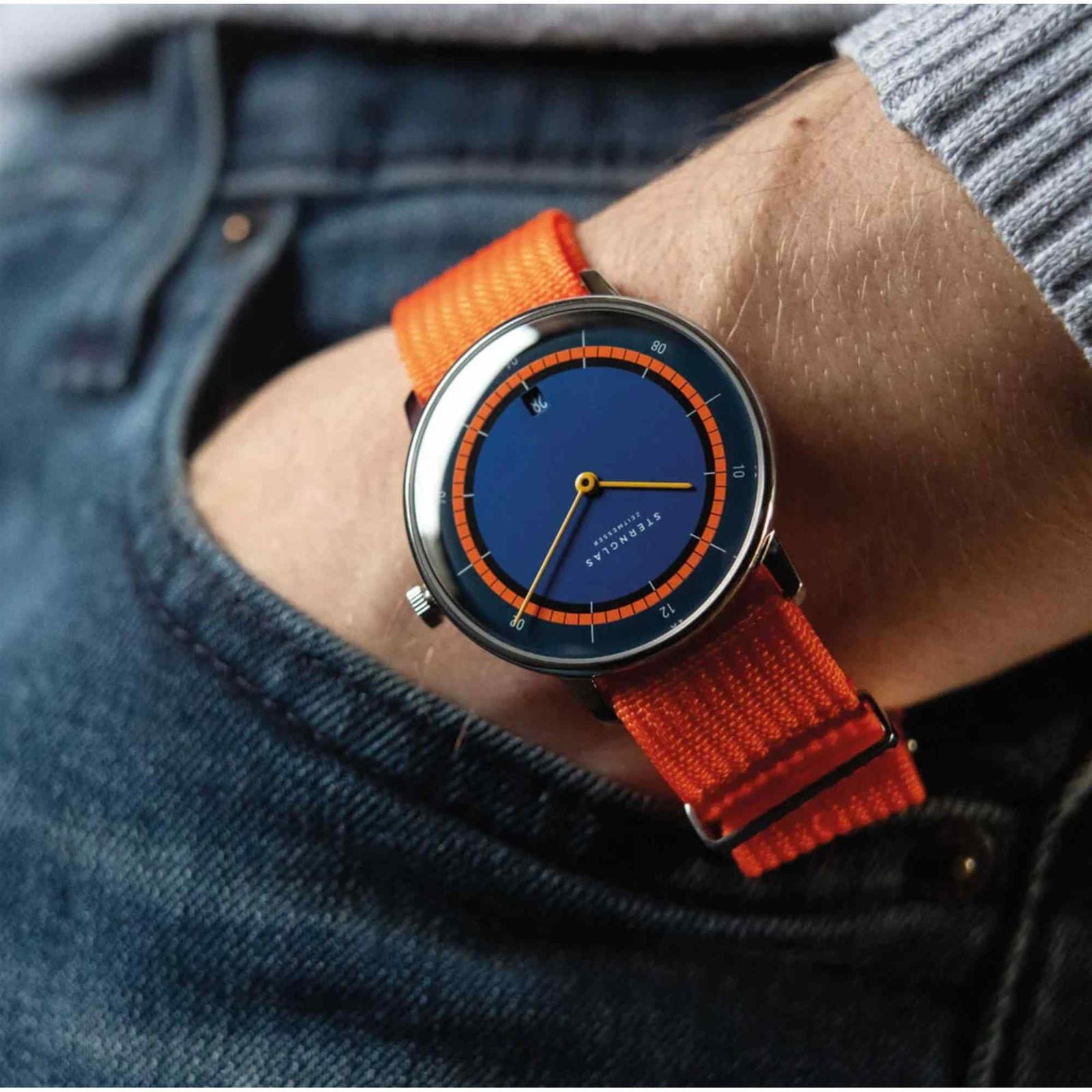 Sternglas NAOS EDITION KÜSTE 38mm Watch S01-NAK06-FI02, Blue-Orange Dial, Sapphire Crystal, Signal Orange Nylon Strap, 5 ATM Water Resistant