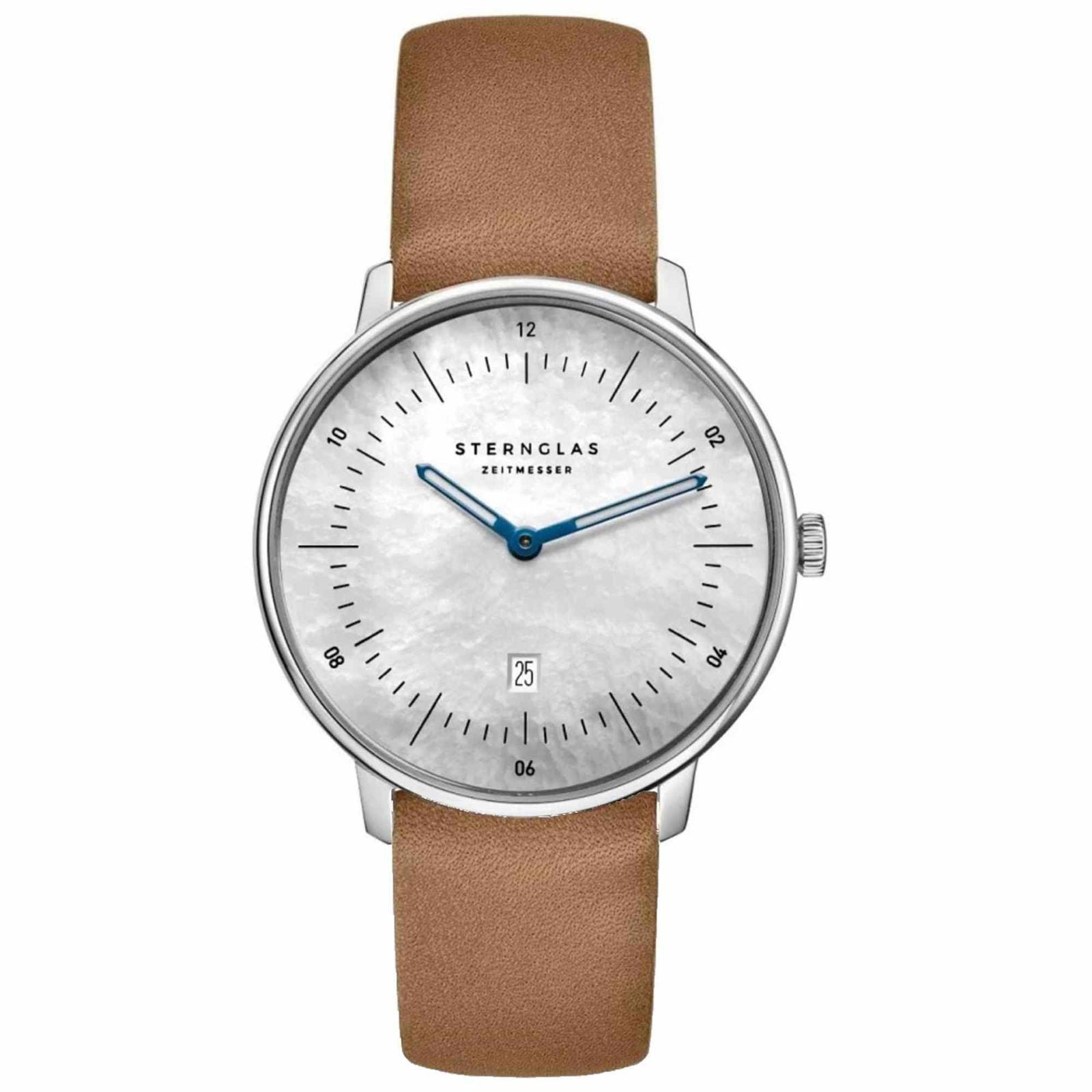 Sternglas NAOS XS Edition Mother of Pearl 33mm Watch S01-NDP01-KL04, White Mother of Pearl Dial, Sapphire Crystal, Camel Brown Leather Strap, 5 ATM Water Resistant