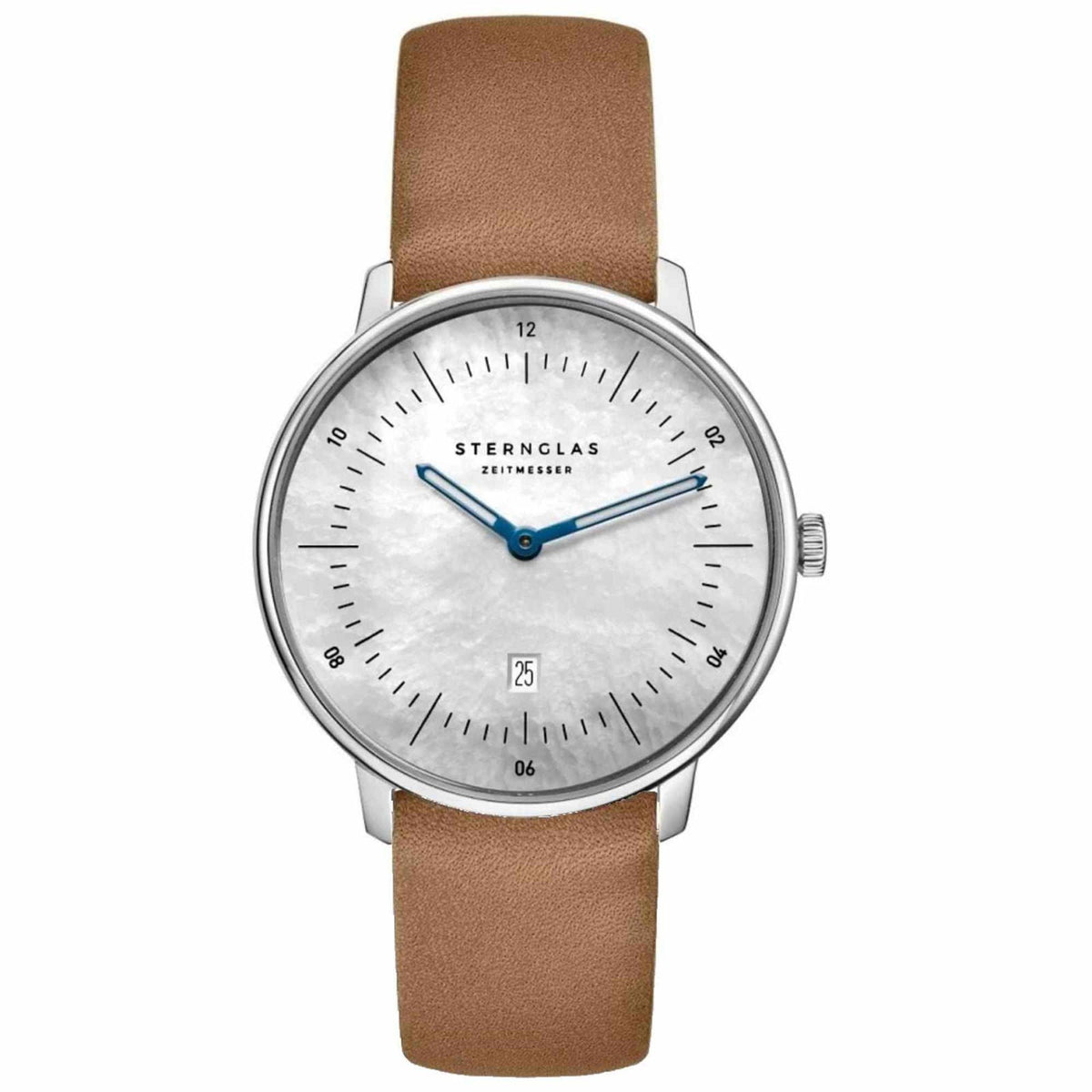 Sternglas NAOS XS Edition Mother of Pearl 33mm Watch S01-NDP01-KL04, White Mother of Pearl Dial, Sapphire Crystal, Camel Brown Leather Strap, 5 ATM Water Resistant