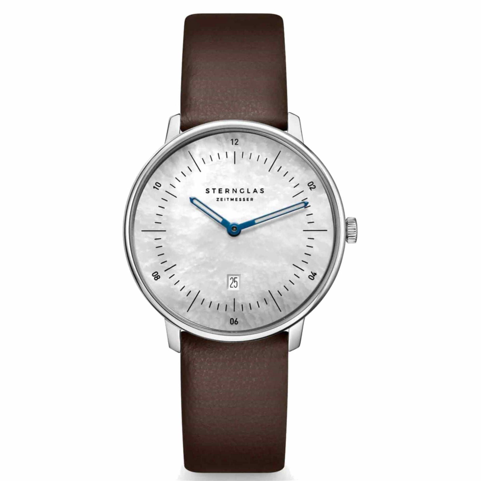 Sternglas NAOS XS Edition Mother of Pearl 33mm Watch S01-NDP01-KL17, White Mother of Pearl Dial, Sapphire Crystal, Dark Brown Leather Strap, 5 ATM Water Resistant