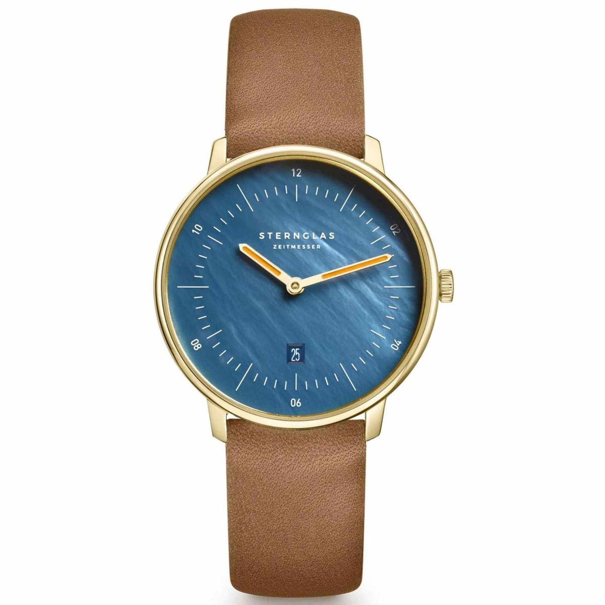 Sternglas Naos XS Edition Blue Mother of Pearl Gold 33mm Watch S01-NDP07-KL07, Sapphire Crystal, Camel Brown Leather Strap, 5 ATM Water Resistant