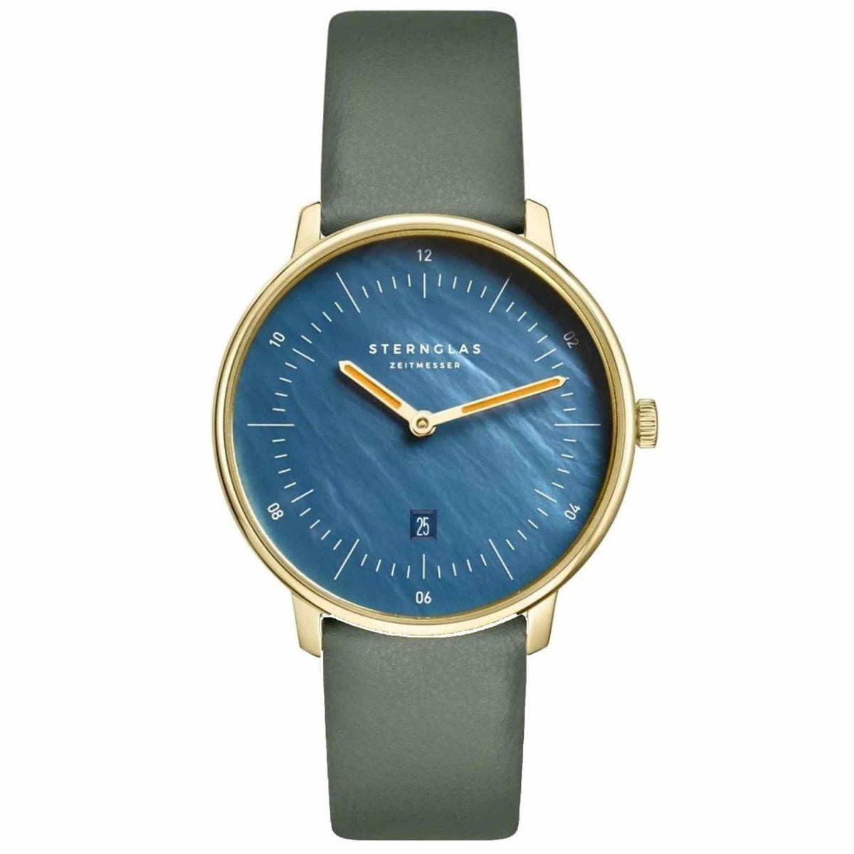 Sternglas Naos XS Edition Blue Mother of Pearl Gold 33mm Watch S01-NDP07-KL09, Sapphire Crystal, Sage Green Leather Strap, 5 ATM Water Resistant