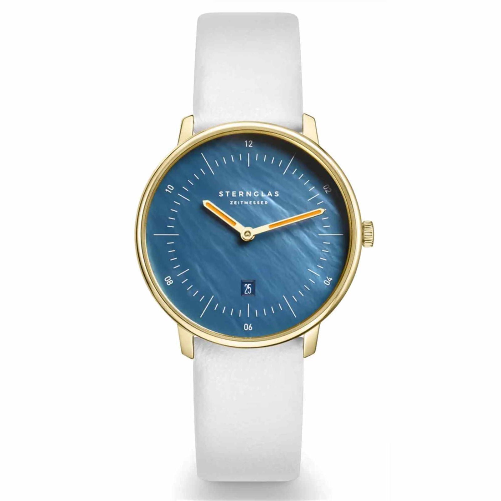 Sternglas Naos XS Edition 33mm Watch S01-NDP07-KL13, Blue Mother of Pearl Dial, Sapphire Crystal, White Leather Strap, 5 ATM Water Resistant