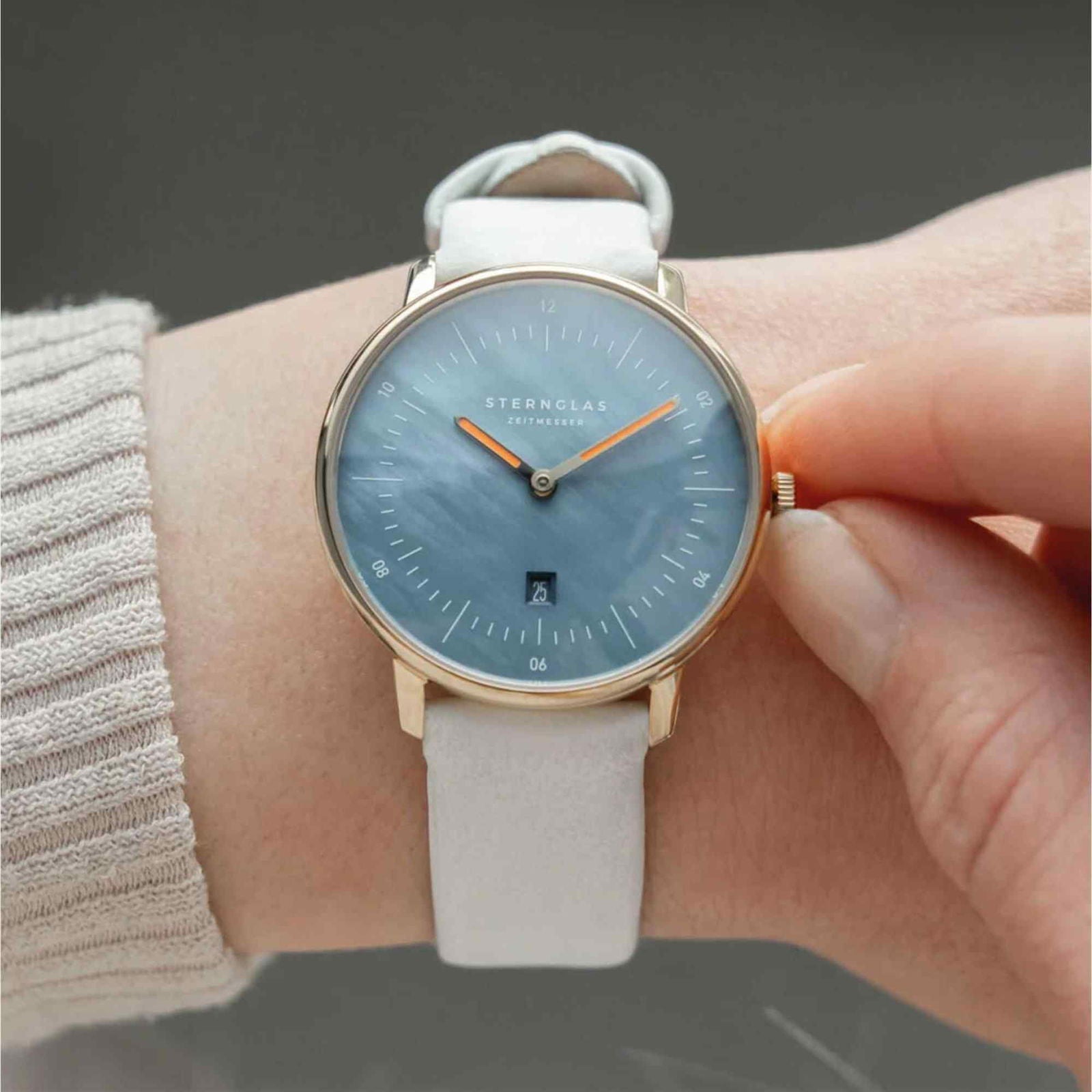 Sternglas Naos XS Edition 33mm Watch S01-NDP07-KL13, Blue Mother of Pearl Dial, Sapphire Crystal, White Leather Strap, 5 ATM Water Resistant