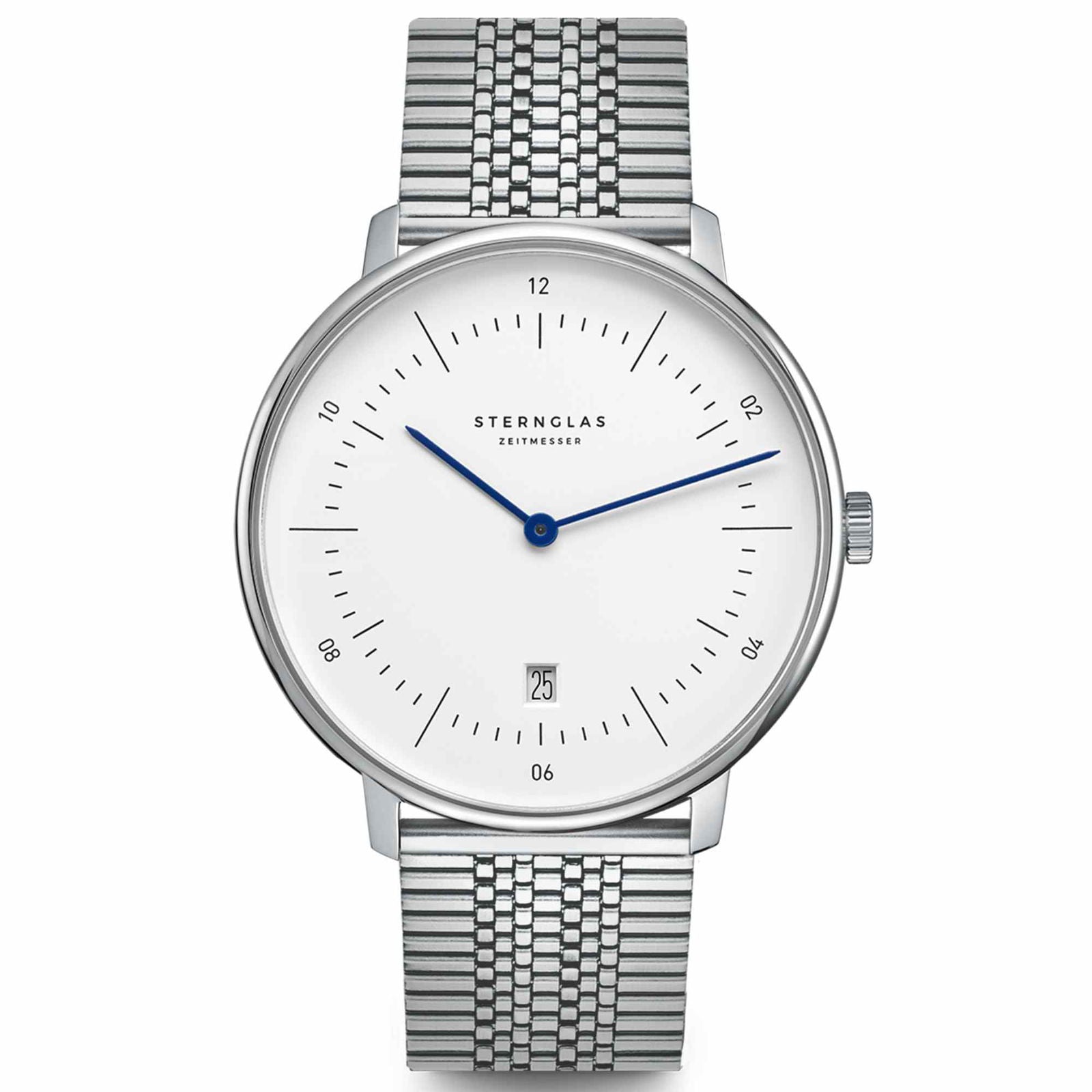 Sternglas NAOS XL 42mm Quartz Watch S01-NX01-ME08, White Dial, Sapphire Crystal, Super Slim Silver Stainless Steel Bracelet, 5 ATM Water Resistant