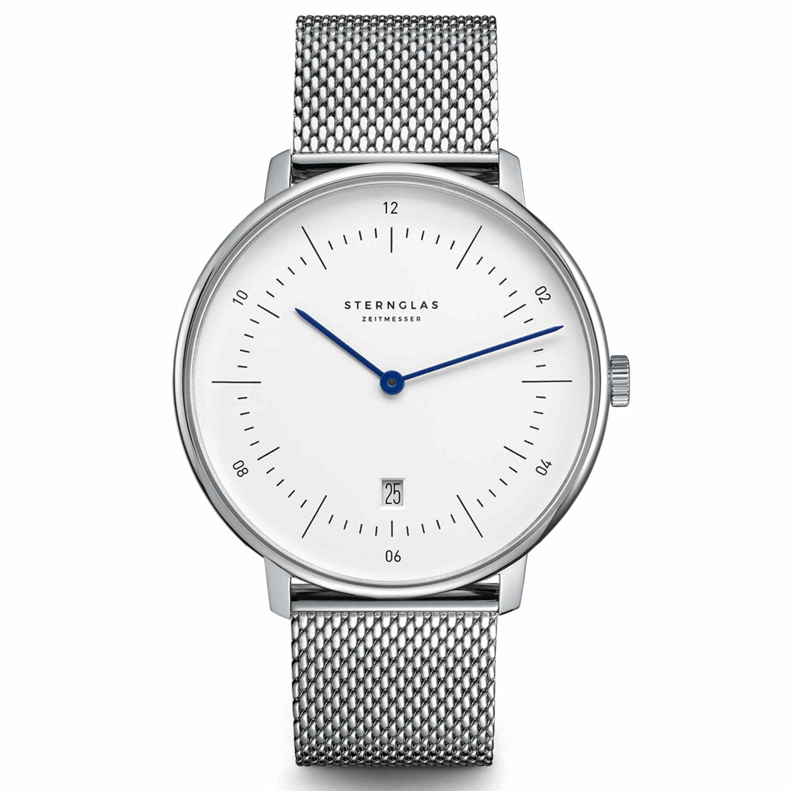 Sternglas NAOS XL 42mm Quartz Watch S01-NX01-MI04, White Dial, Sapphire Crystal, Milanaise Silver Stainless Steel Strap, 5 ATM Water Resistant