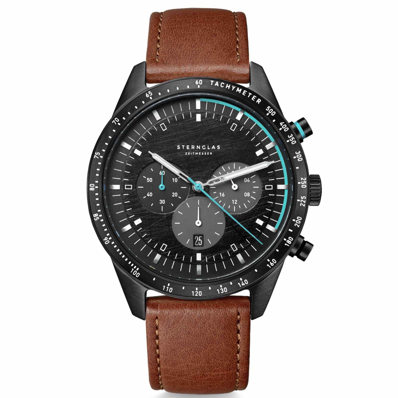 Sternglas TACHYMETER Edition Meteor 42mm Quartz Watch S01-TYM05-MO15, Black-Turquoise Dial, Sapphire Crystal, Modena Brown Leather Strap, 5 ATM Water Resistant