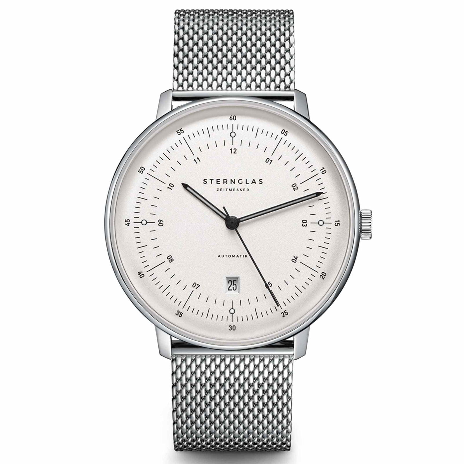 Sternglas Hamburg Automatic 42mm Watch S02-HH10-MI04, Satined-Silver Dial, Sapphire Crystal, Milanese Stainless Steel Strap, 5 ATM Water Resistant