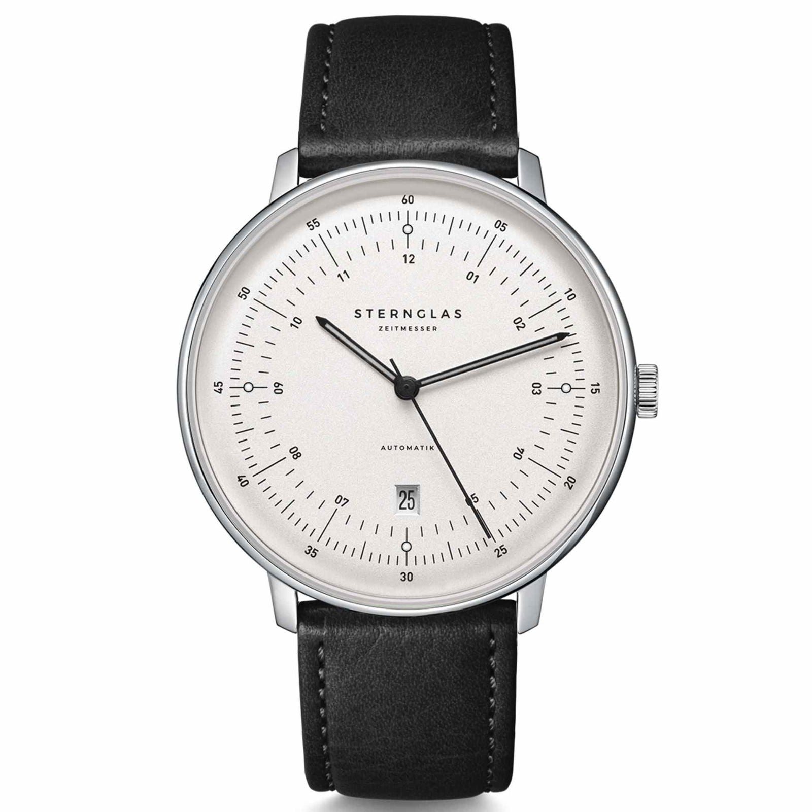 Sternglas Hamburg Automatic 42mm Watch S02-HH10-MO01, Satined-Silver Dial, Sapphire Crystal, Modena 20 Black Leather Strap, 5 ATM Water Resistant