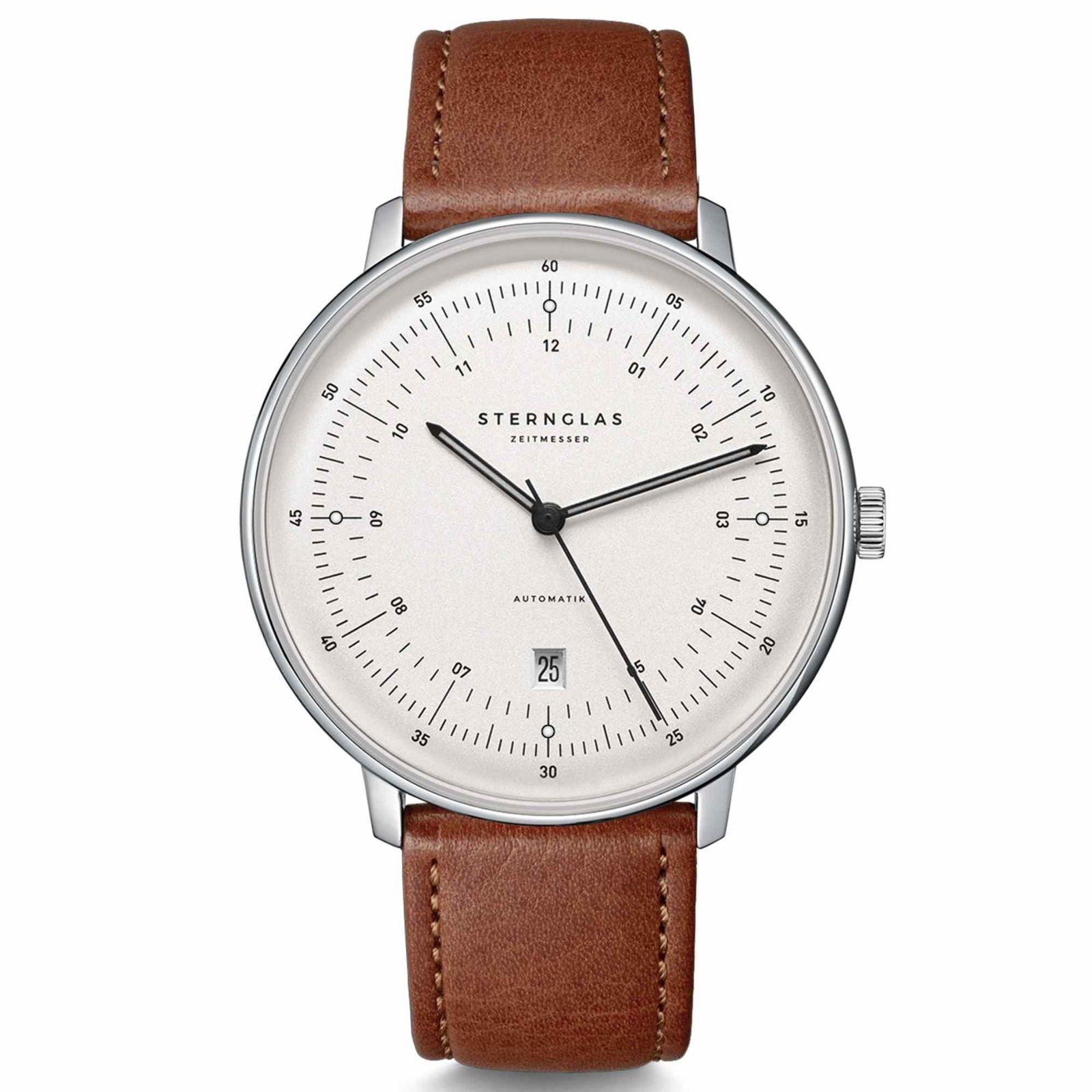 Sternglas Hamburg Automatic 42mm Watch S02-HH10-MO02, Satined-Silver Dial, Sapphire Crystal, Modena 20 Brown Leather Strap, 5 ATM Water Resistant