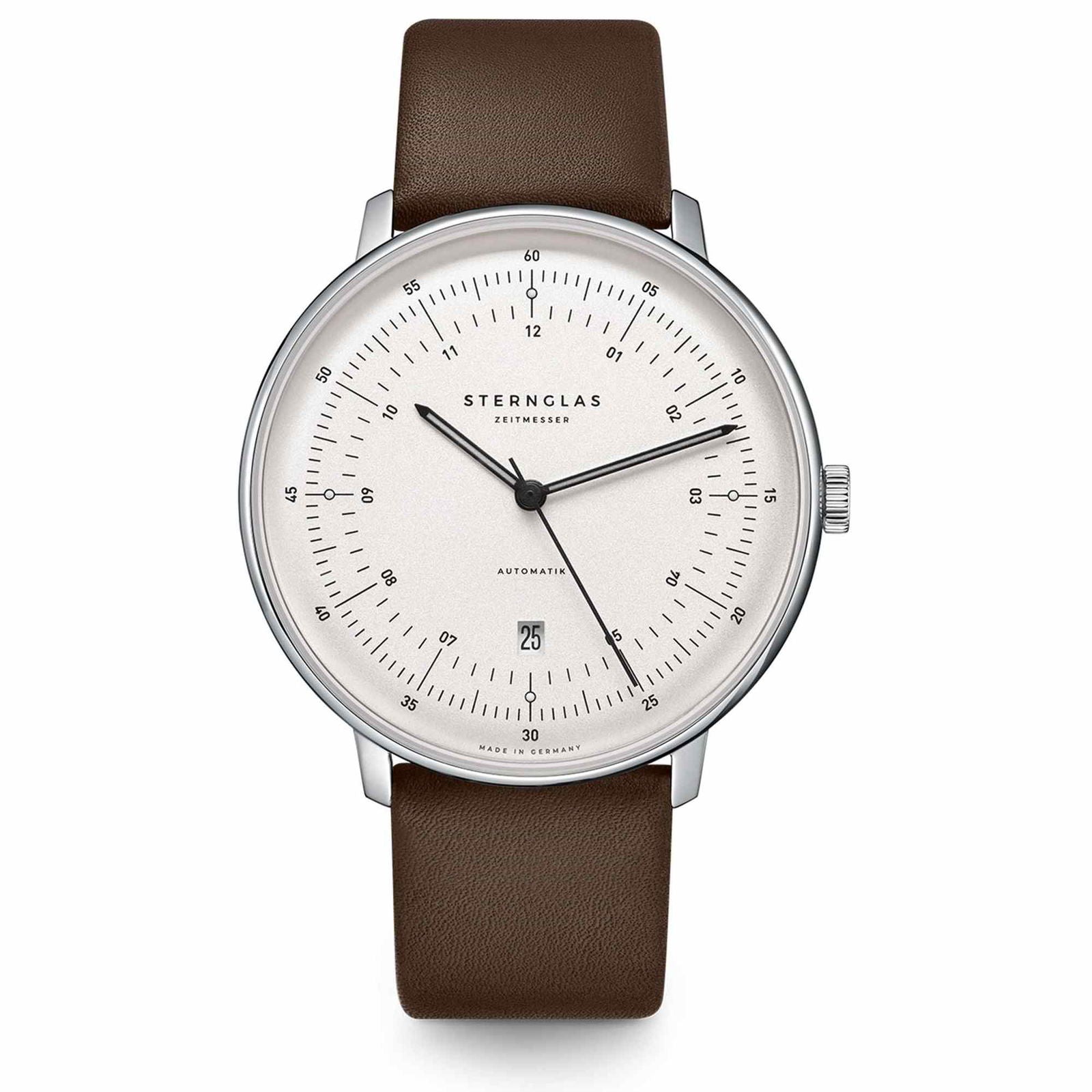 Sternglas HAMBURG 42mm Automatic Watch S02-HH10-PR04, Silver-Satined Dial, Sapphire Crystal, Premium Dark Brown Leather Strap, 5 ATM Water Resistant