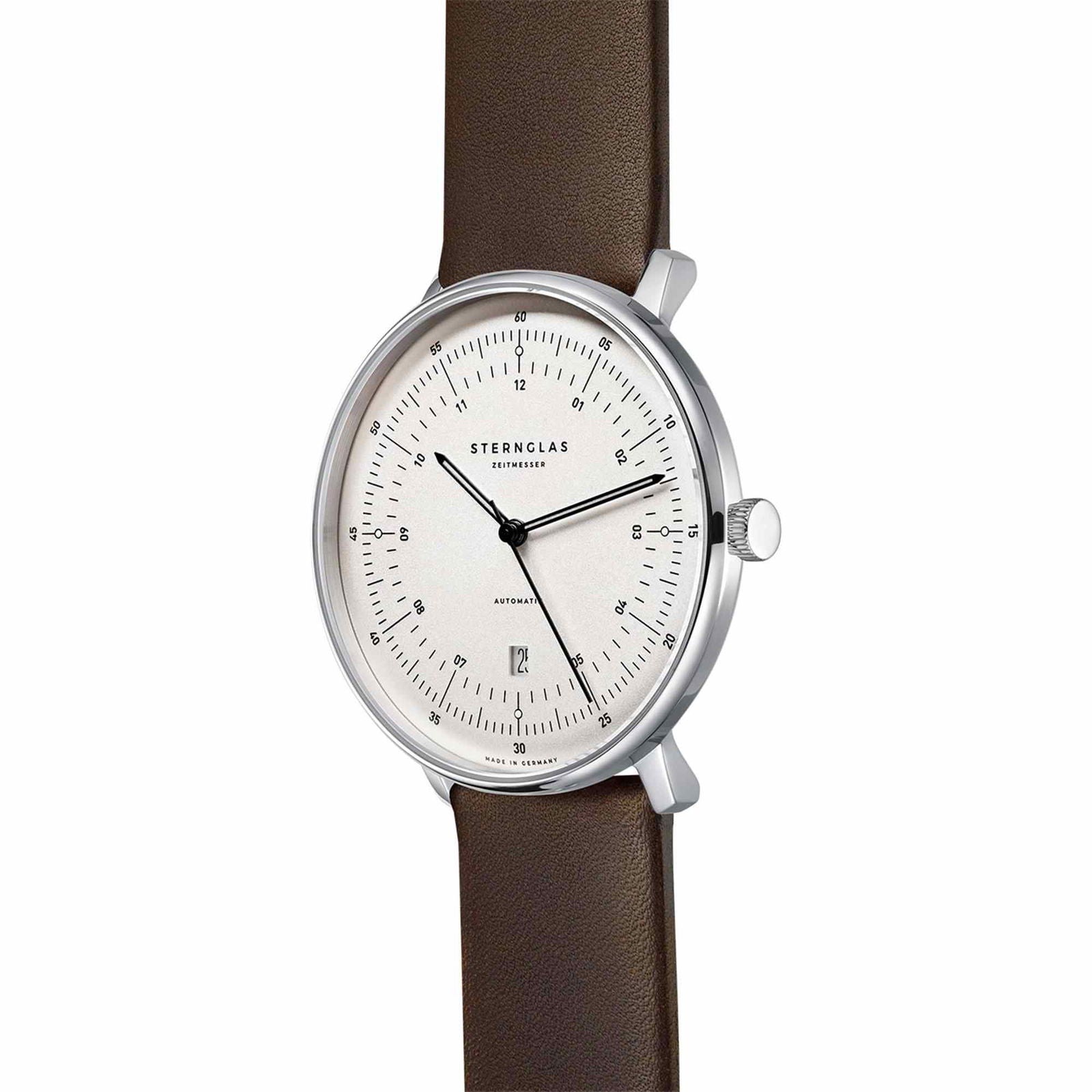 Sternglas HAMBURG 42mm Automatic Watch S02-HH10-PR04, Silver-Satined Dial, Sapphire Crystal, Premium Dark Brown Leather Strap, 5 ATM Water Resistant