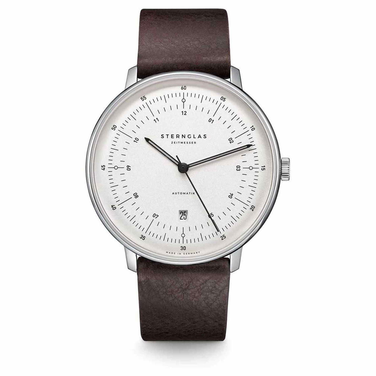 Sternglas HAMBURG AUTOMATIC 42mm Watch S02-HH10-VI11, Satined Silver Dial, Sapphire Crystal, Vintage Mocha Leather Strap, 5 ATM Water Resistant