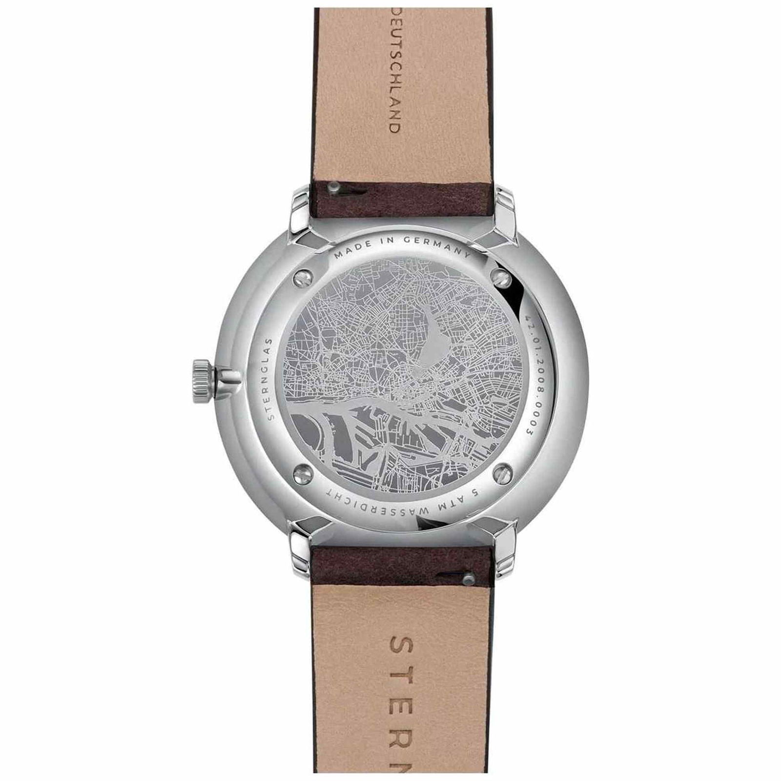 Sternglas HAMBURG AUTOMATIC 42mm Watch S02-HH10-VI11, Satined Silver Dial, Sapphire Crystal, Vintage Mocha Leather Strap, 5 ATM Water Resistant