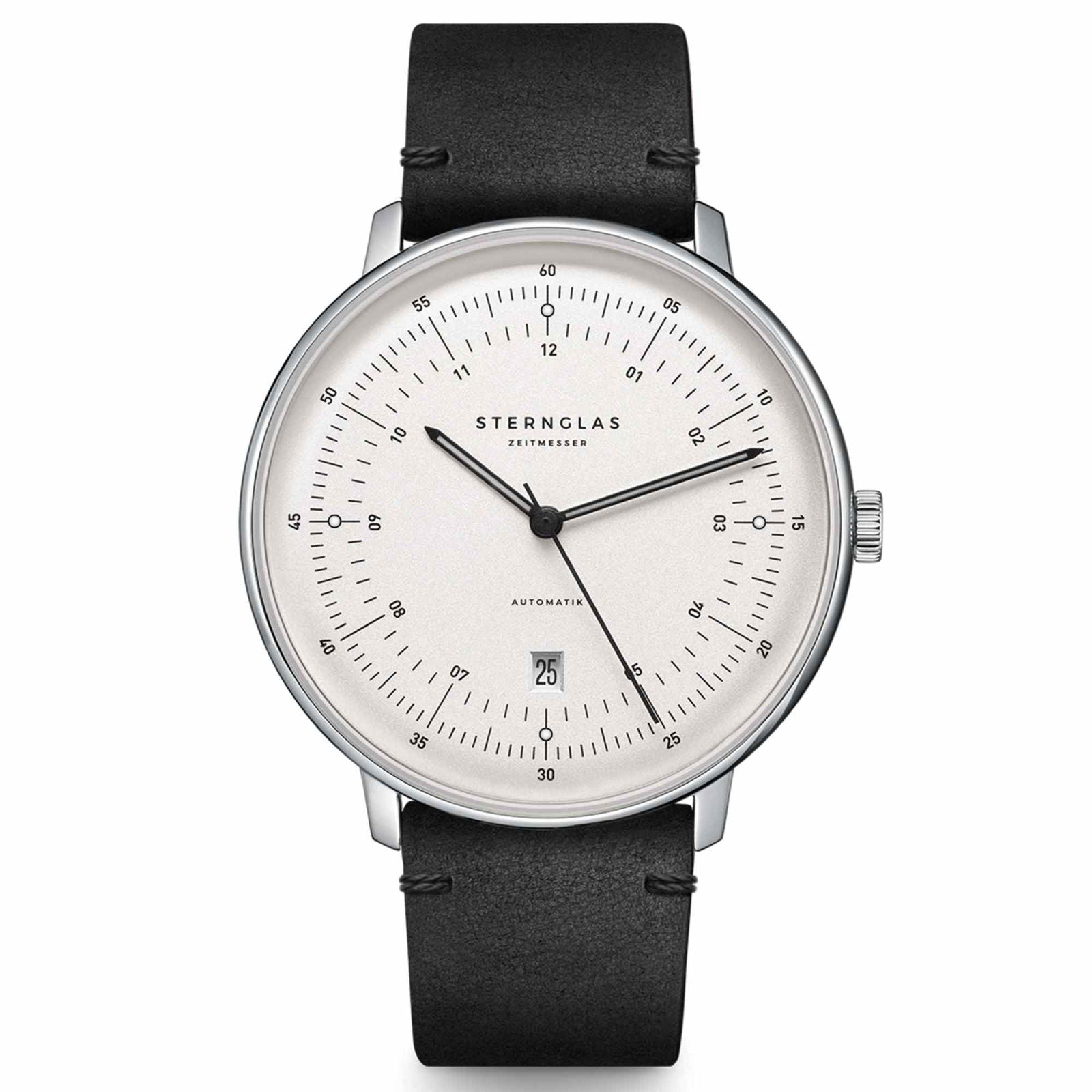 Sternglas Hamburg Automatic 42mm Wristwatch S02-HH10-VI15, Silver-Satined Dial, Sapphire Crystal, Vintage Black Leather Strap, 5 ATM Water Resistant