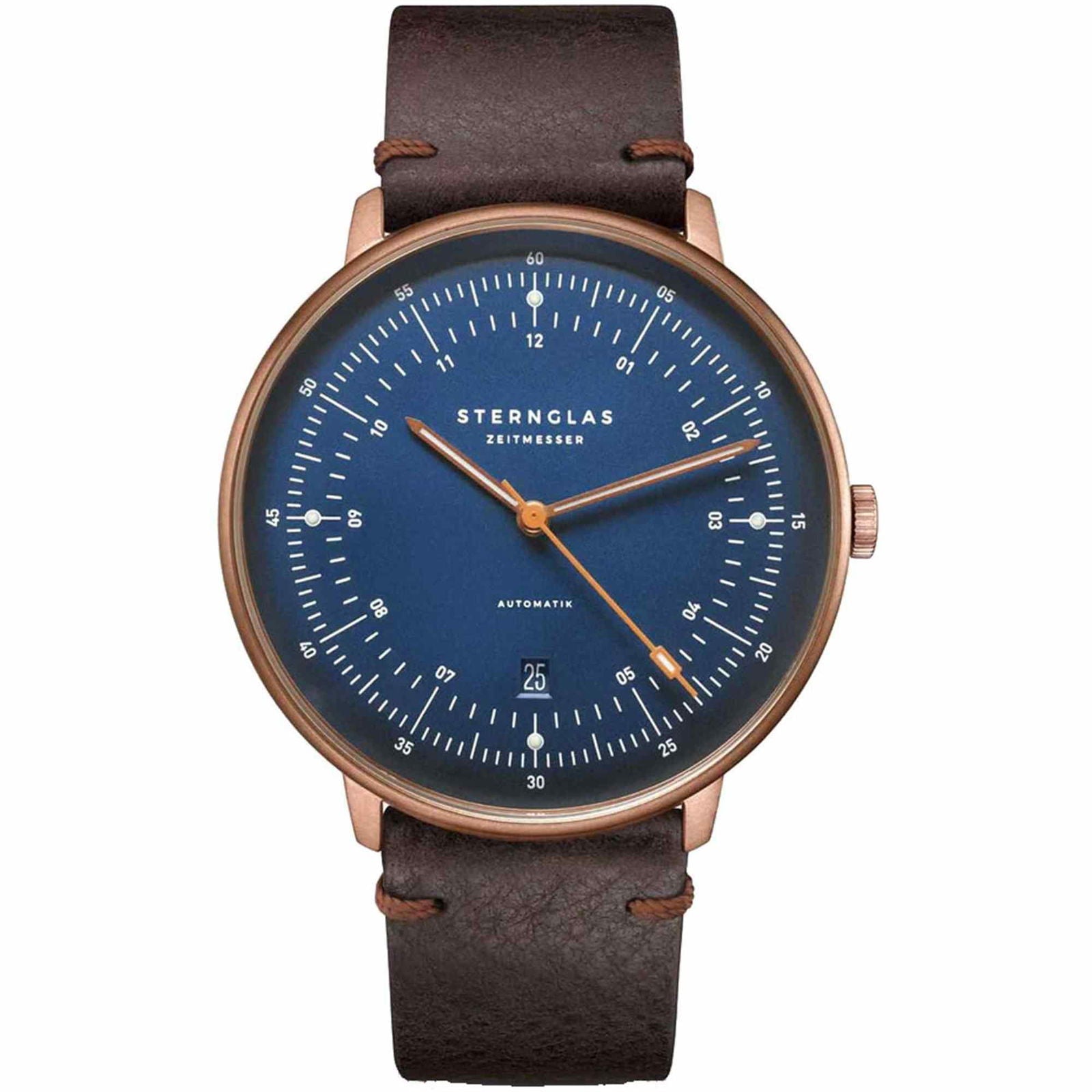 Sternglas HAMBURG AUTOMATIK 42mm Watch S02-HH27-VI17, Blue Satin Dial, Sapphire Crystal, Vintage Mocha Leather Strap, 5 ATM Water Resistant