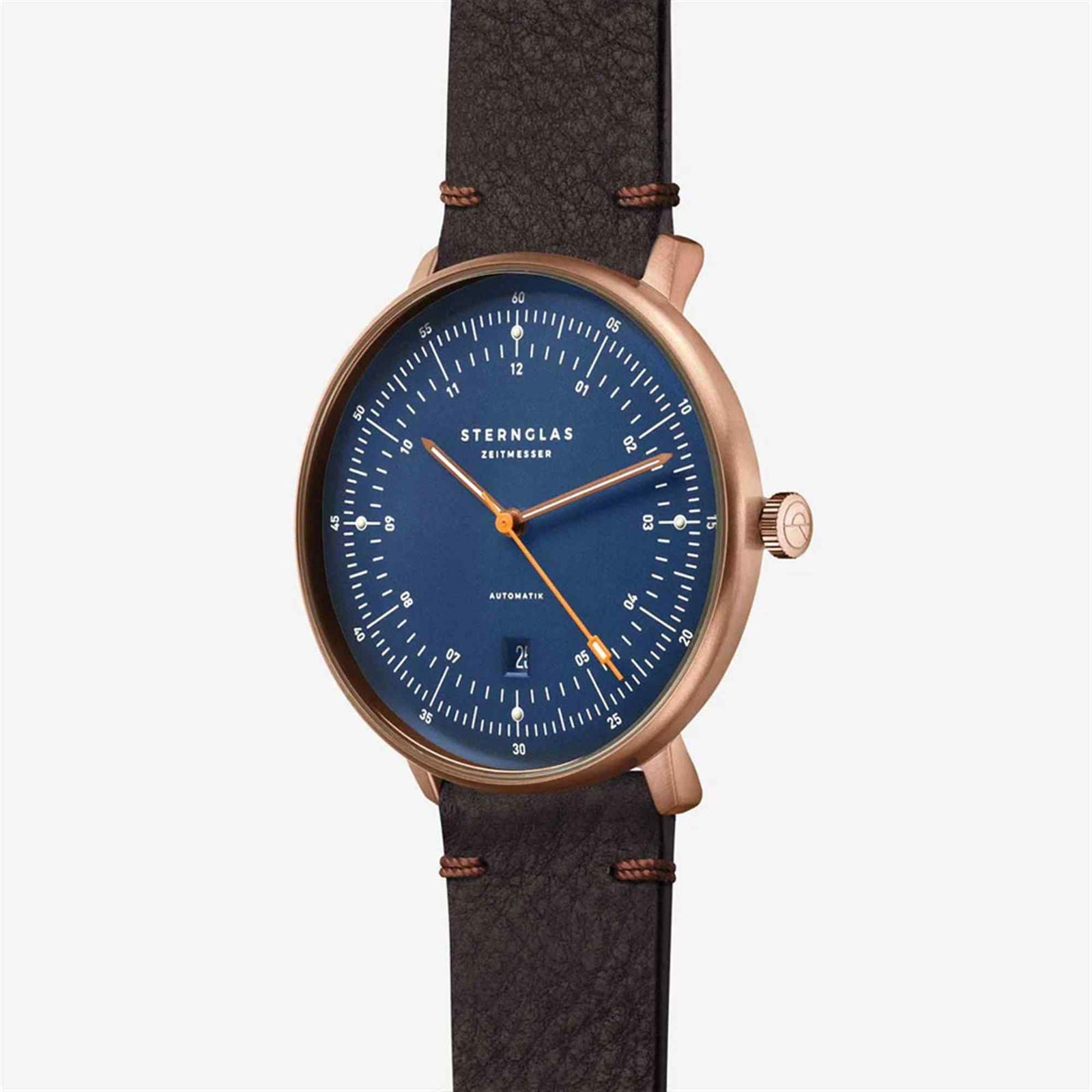 Sternglas HAMBURG AUTOMATIK 42mm Watch S02-HH27-VI17, Blue Satin Dial, Sapphire Crystal, Vintage Mocha Leather Strap, 5 ATM Water Resistant