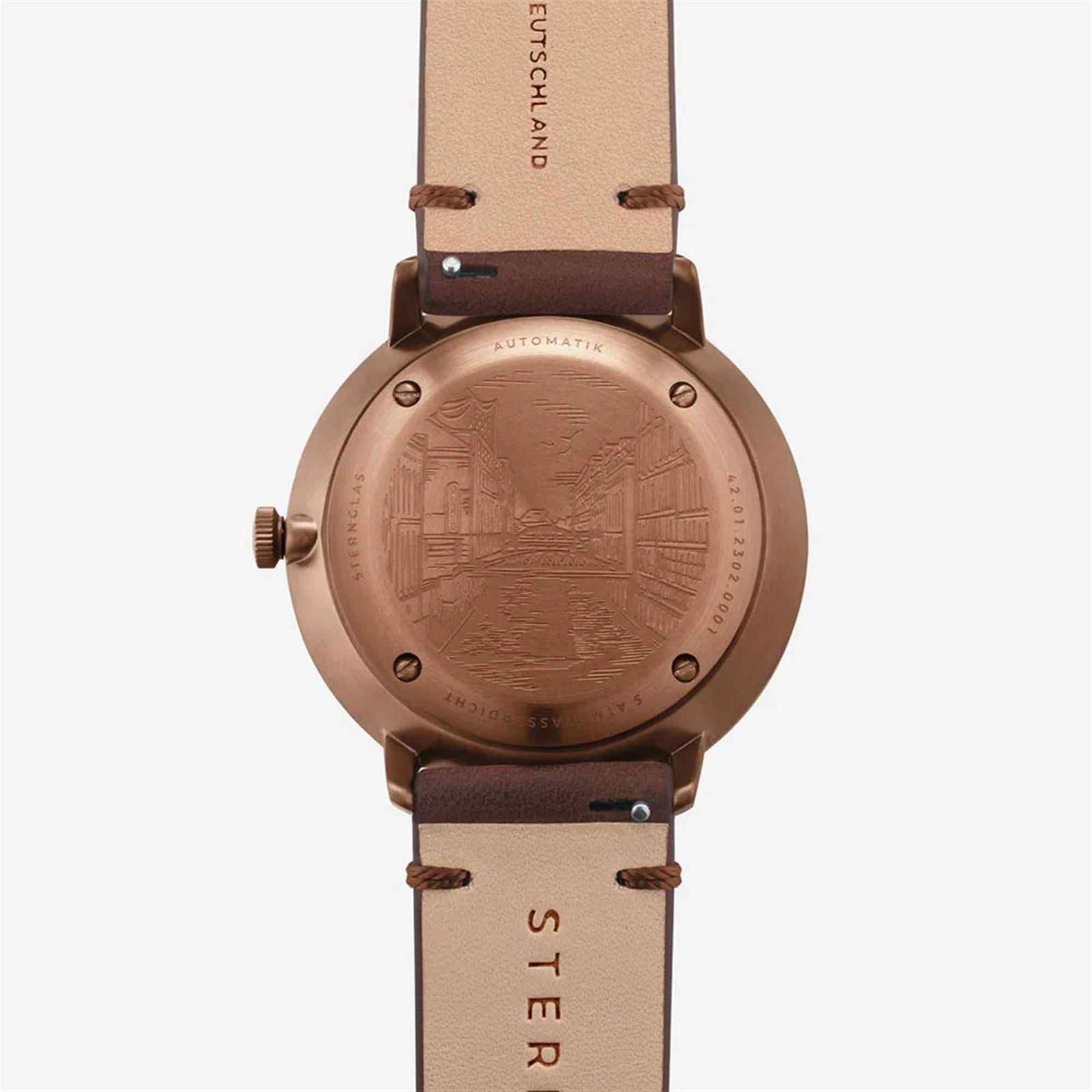 Sternglas HAMBURG AUTOMATIK 42mm Watch S02-HH27-VI17, Blue Satin Dial, Sapphire Crystal, Vintage Mocha Leather Strap, 5 ATM Water Resistant