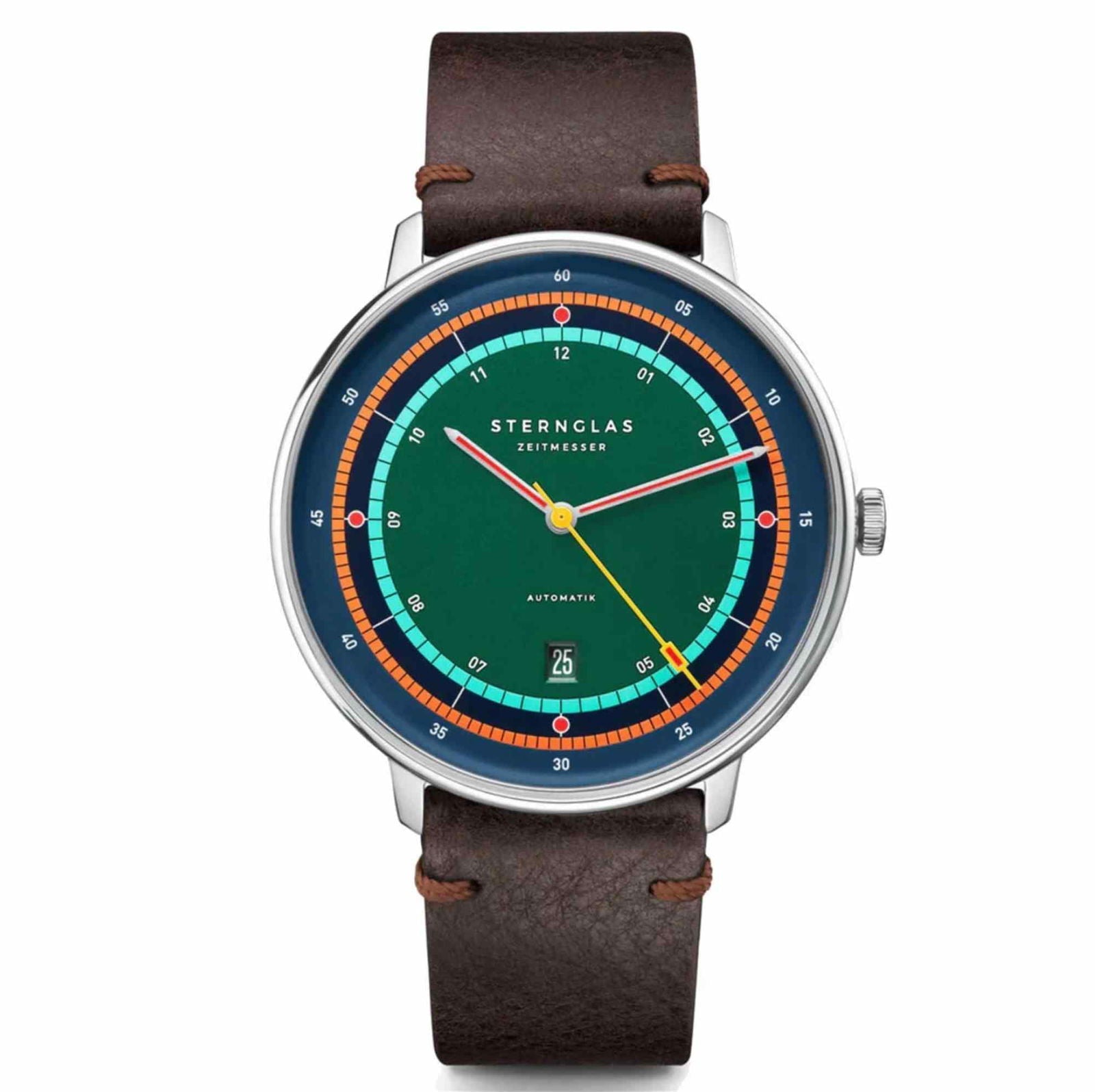 Sternglas HAMBURG AUTOMATIK Edition Argo 42mm Watch S02-HHA08-VI11, Green Dial, Sapphire Crystal, Vintage Mocha Leather Strap, 5 ATM Water Resistant