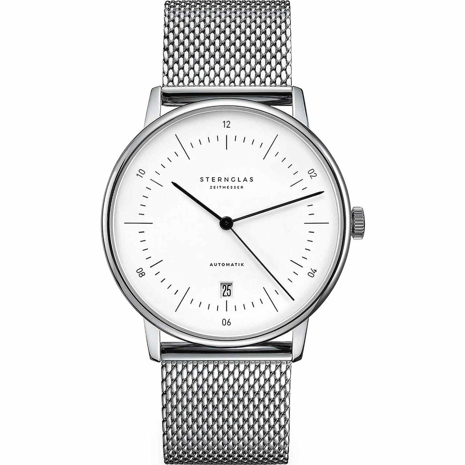 Sternglas Naos/A 38mm Automatic Watch S02-NA01-MI04, White Silver Dial, Sapphire Crystal, Milanaise Stainless Steel Strap, 5 ATM Water Resistant