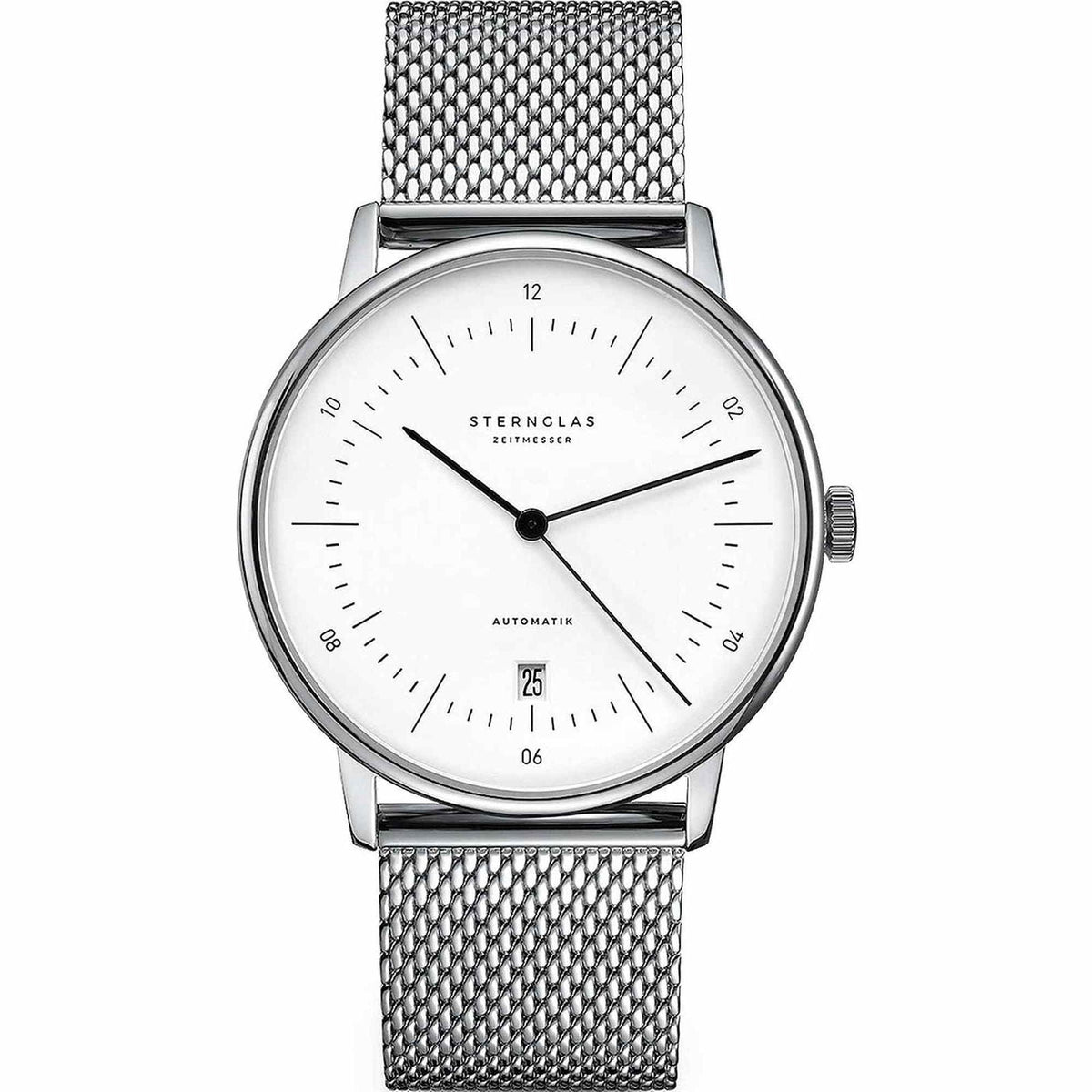 Sternglas Naos/A 38mm Automatic Watch S02-NA01-MI04, White Silver Dial, Sapphire Crystal, Milanaise Stainless Steel Strap, 5 ATM Water Resistant