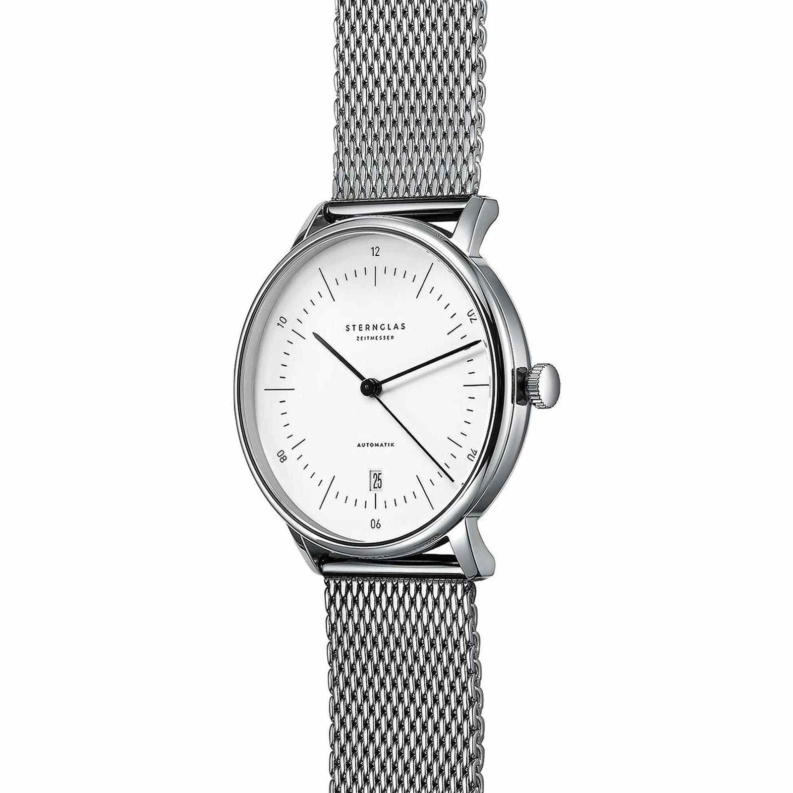 Sternglas Naos/A 38mm Automatic Watch S02-NA01-MI04, White Silver Dial, Sapphire Crystal, Milanaise Stainless Steel Strap, 5 ATM Water Resistant