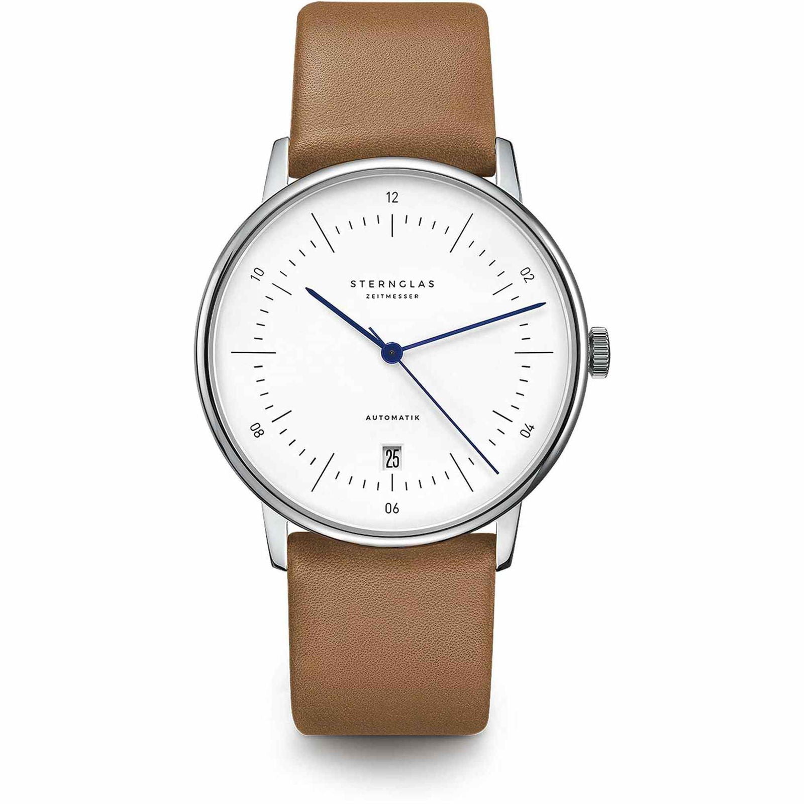 Sternglas Naos/A 38mm Automatic Watch S02-NA01-PR01, White Silver Dial, Sapphire Crystal, Premium Brown Leather Strap, 5 ATM Water Resistant