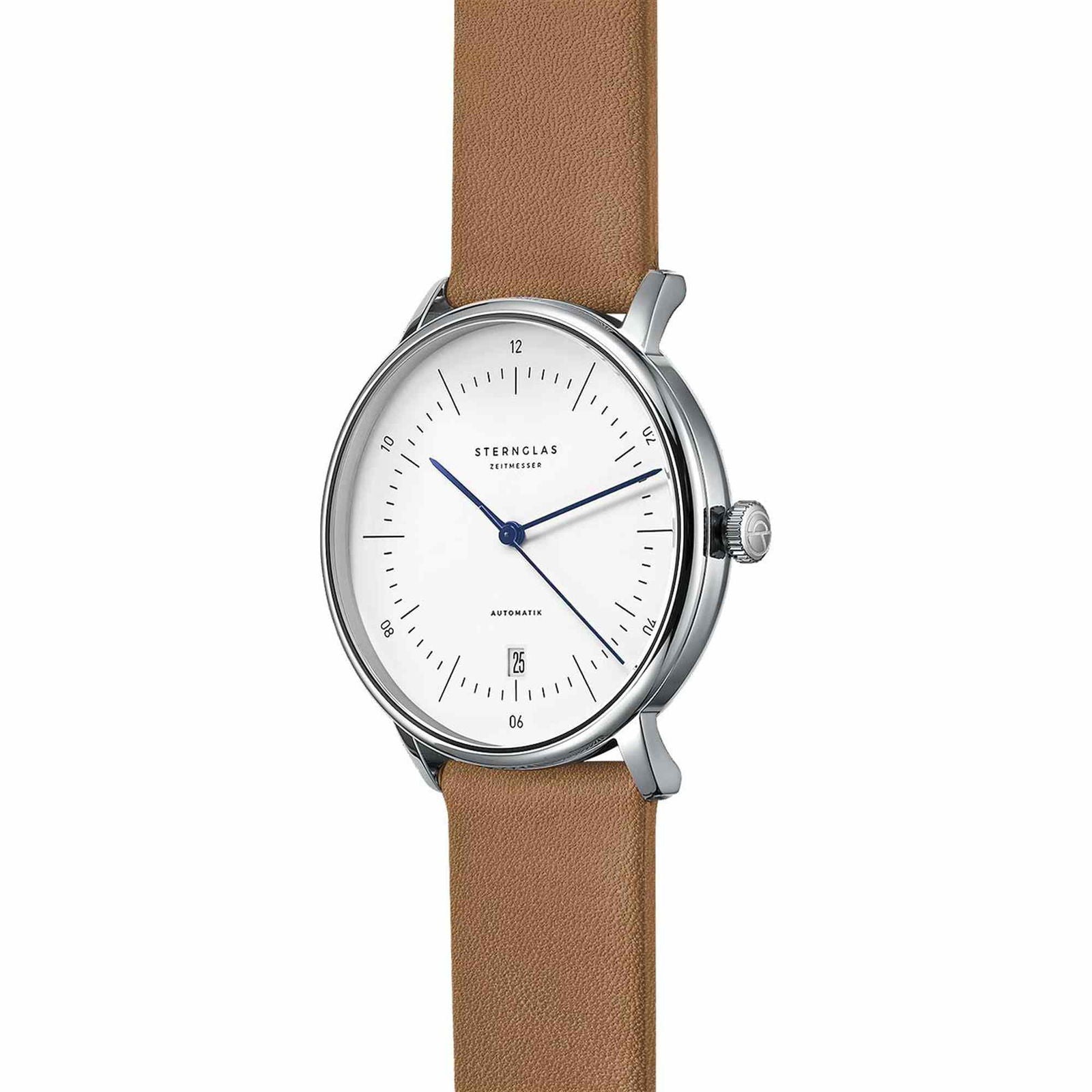Sternglas Naos/A 38mm Automatic Watch S02-NA01-PR01, White Silver Dial, Sapphire Crystal, Premium Brown Leather Strap, 5 ATM Water Resistant