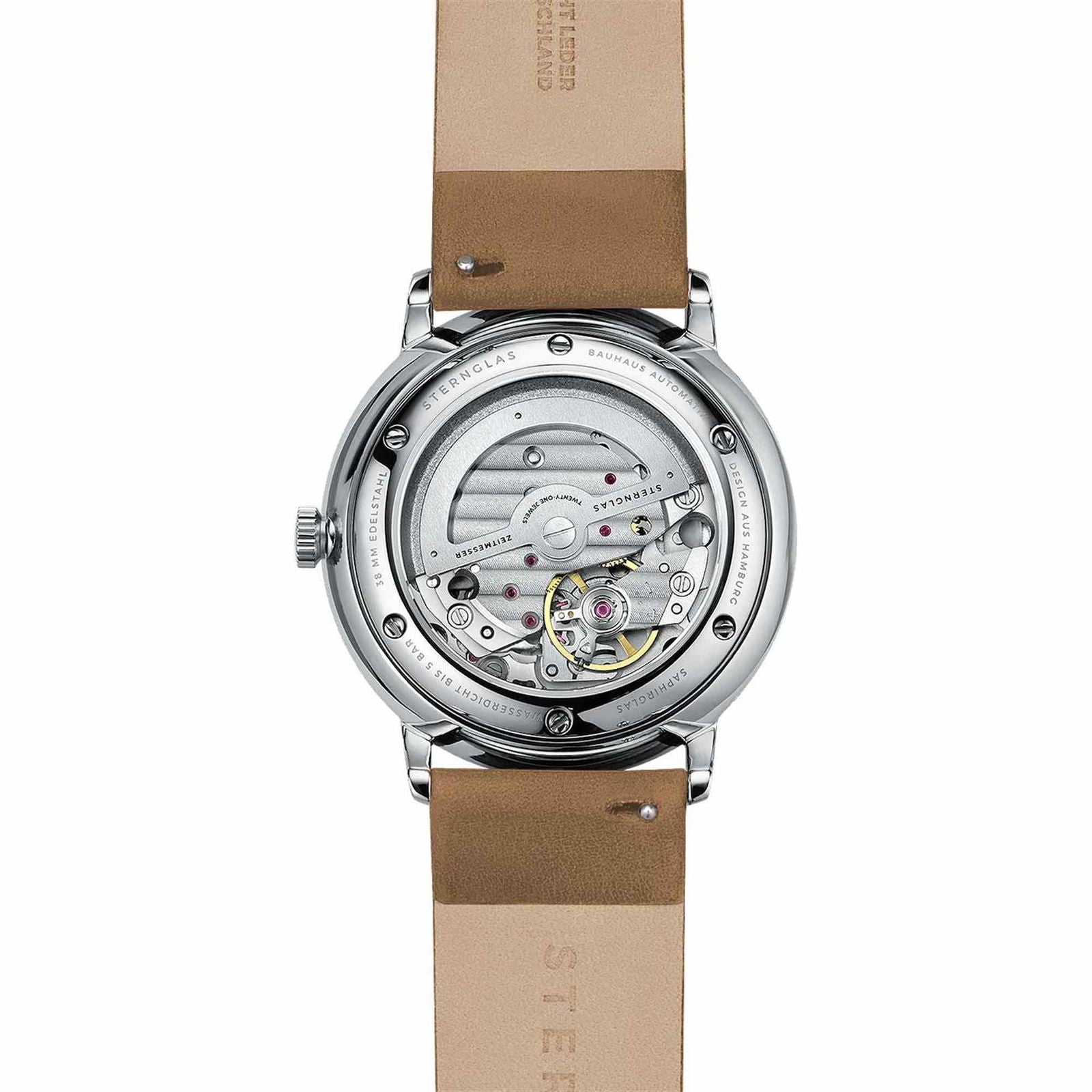 Sternglas Naos/A 38mm Automatic Watch S02-NA01-PR01, White Silver Dial, Sapphire Crystal, Premium Brown Leather Strap, 5 ATM Water Resistant