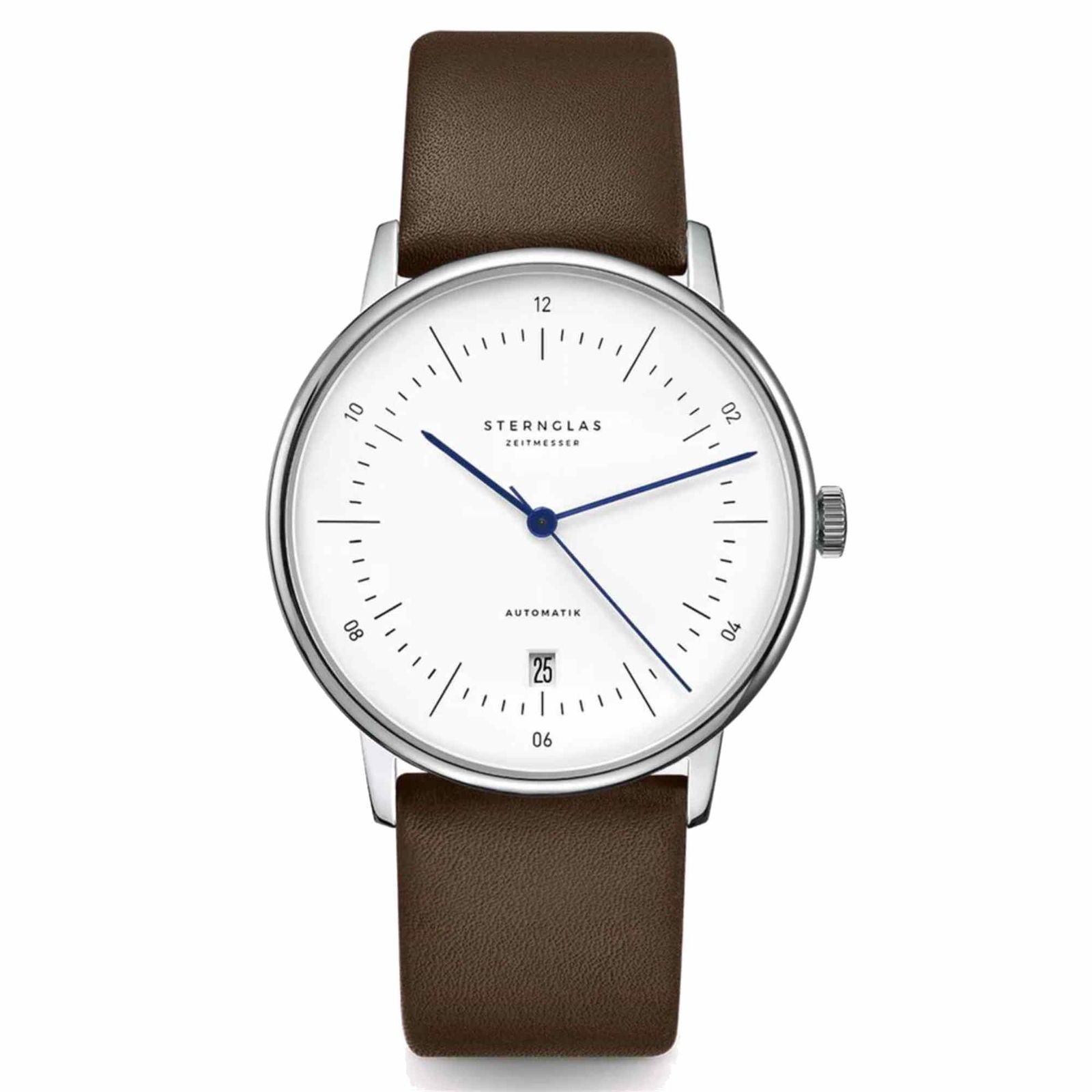 Sternglas Naos/A 38mm Automatic Watch S02-NA01-PR04, White Silver Dial, Sapphire Crystal, Premium Dark Brown Leather Strap, 5 ATM Water Resistant