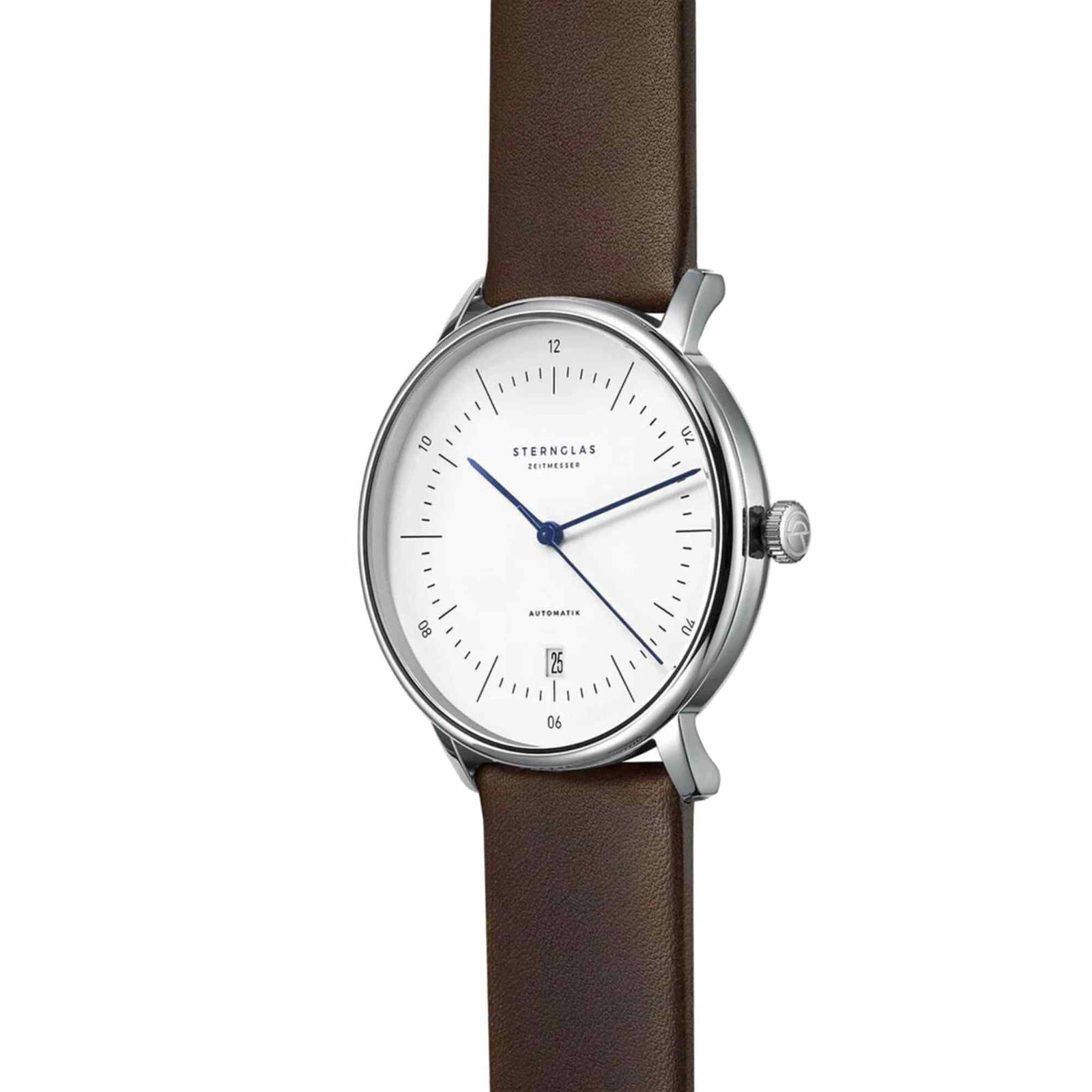 Sternglas Naos/A 38mm Automatic Watch S02-NA01-PR04, White Silver Dial, Sapphire Crystal, Premium Dark Brown Leather Strap, 5 ATM Water Resistant