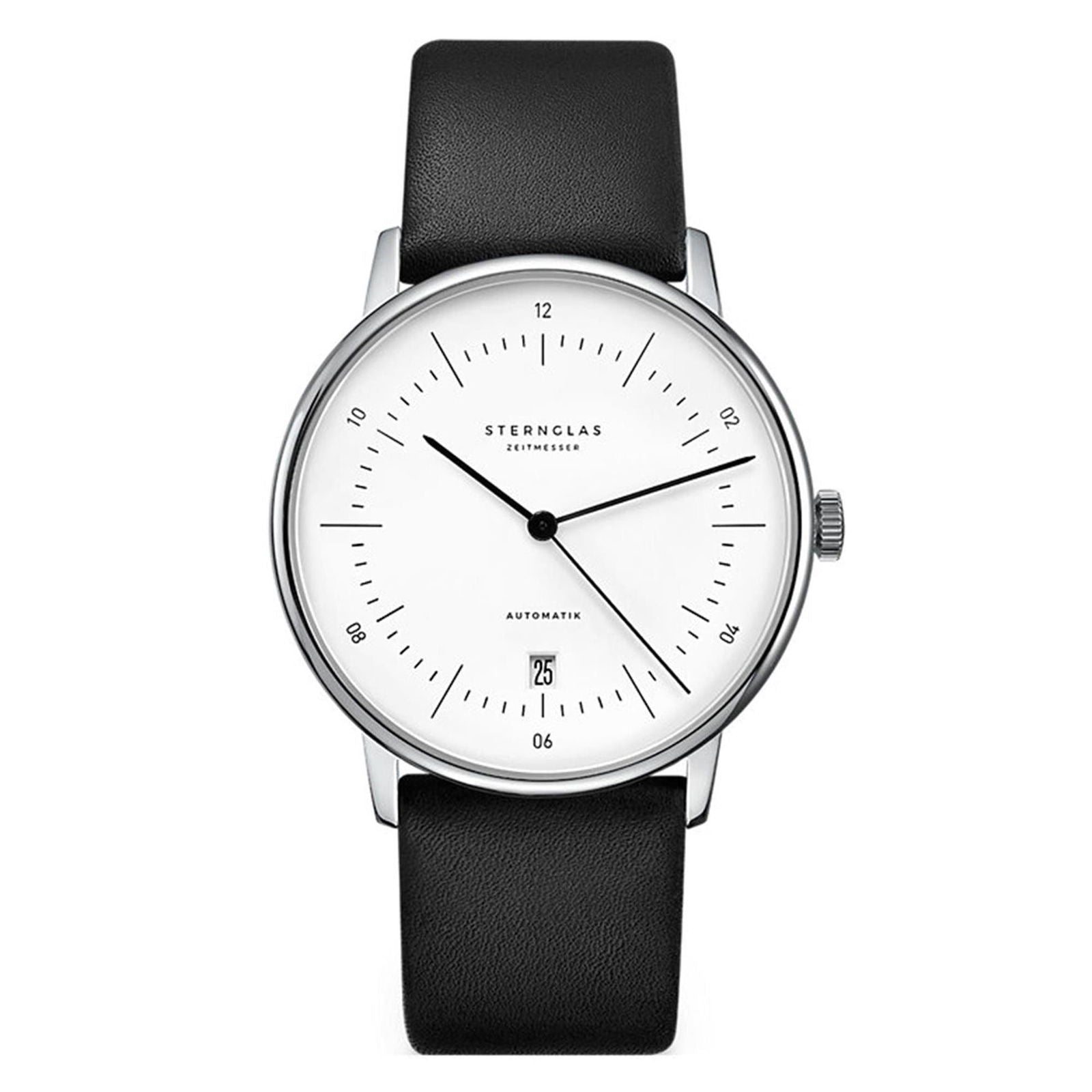 Sternglas Naos/A 38mm Automatic Watch S02-NA01-PR07, White Silver Dial, Sapphire Crystal, Premium Black Leather Strap, 5 ATM Water Resistant