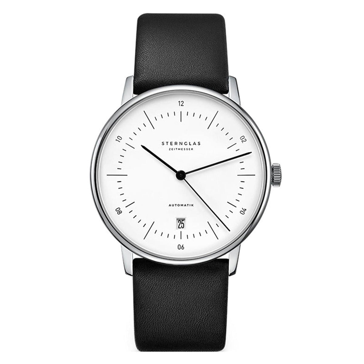 Sternglas Naos/A 38mm Automatic Watch S02-NA01-PR07, White Silver Dial, Sapphire Crystal, Premium Black Leather Strap, 5 ATM Water Resistant