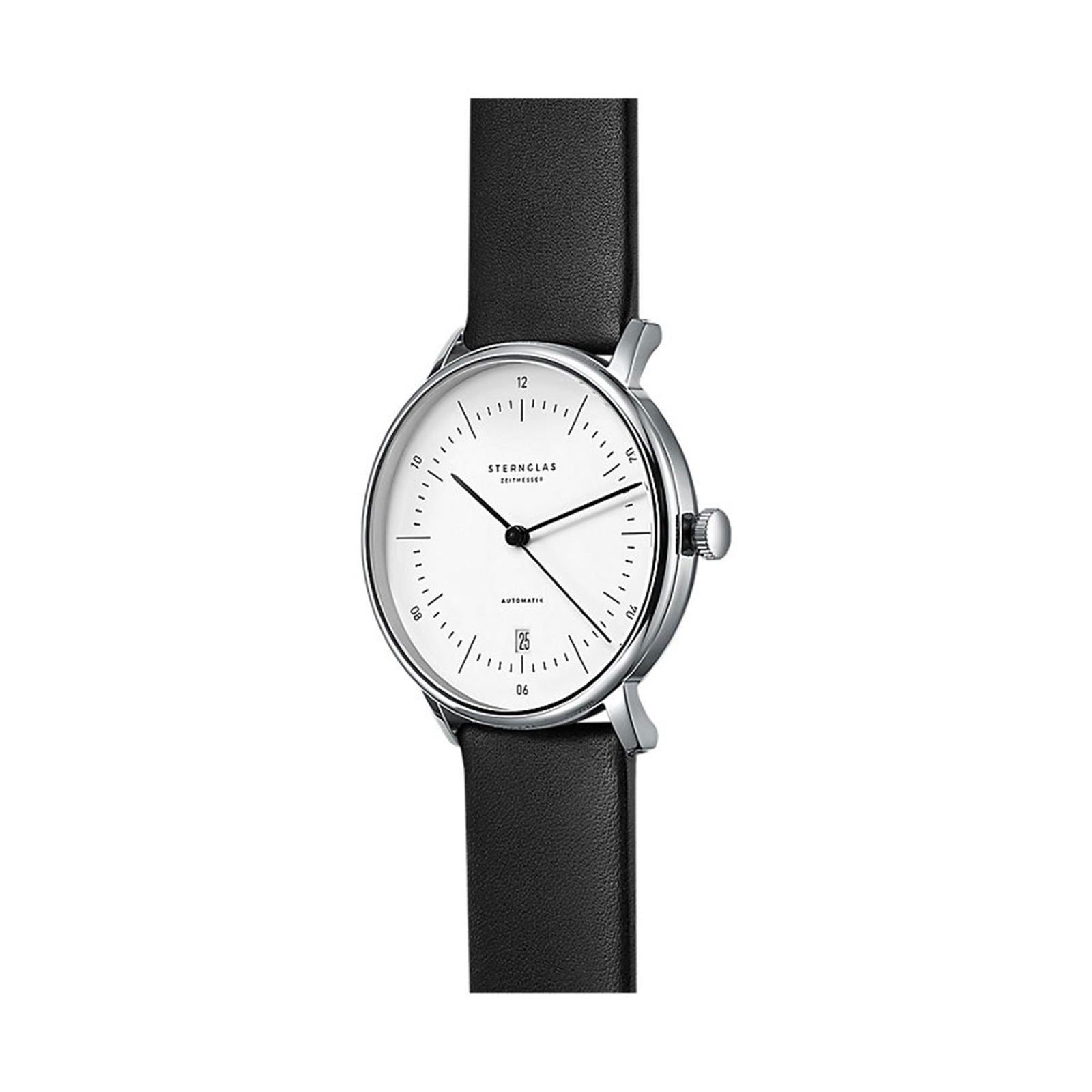 Sternglas Naos/A 38mm Automatic Watch S02-NA01-PR07, White Silver Dial, Sapphire Crystal, Premium Black Leather Strap, 5 ATM Water Resistant