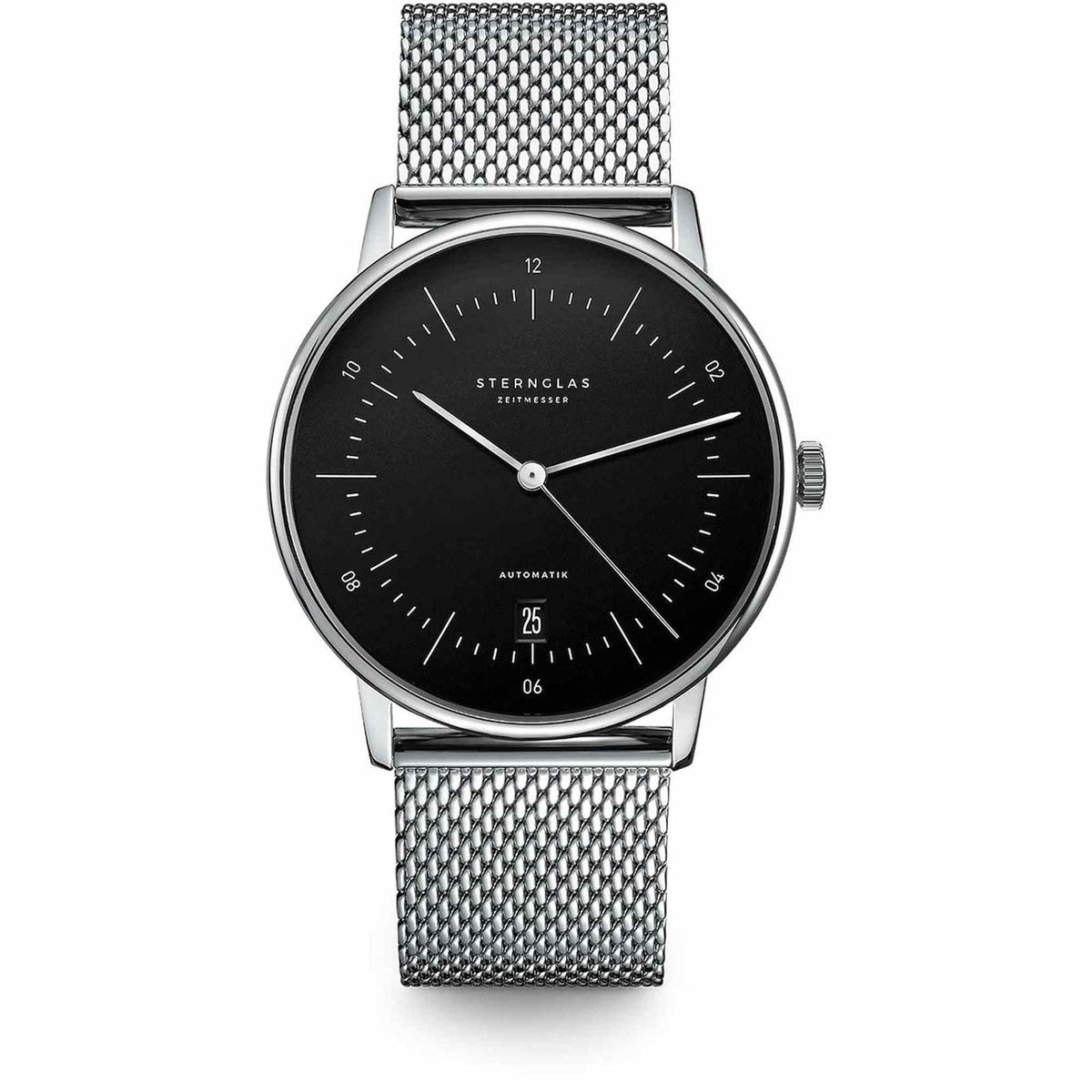 Sternglas Naos/A 38mm Automatic Watch S02-NA03-MI04, Black Silver Dial, Sapphire Crystal, Milanaise Silver Strap, 5 ATM Water Resistant