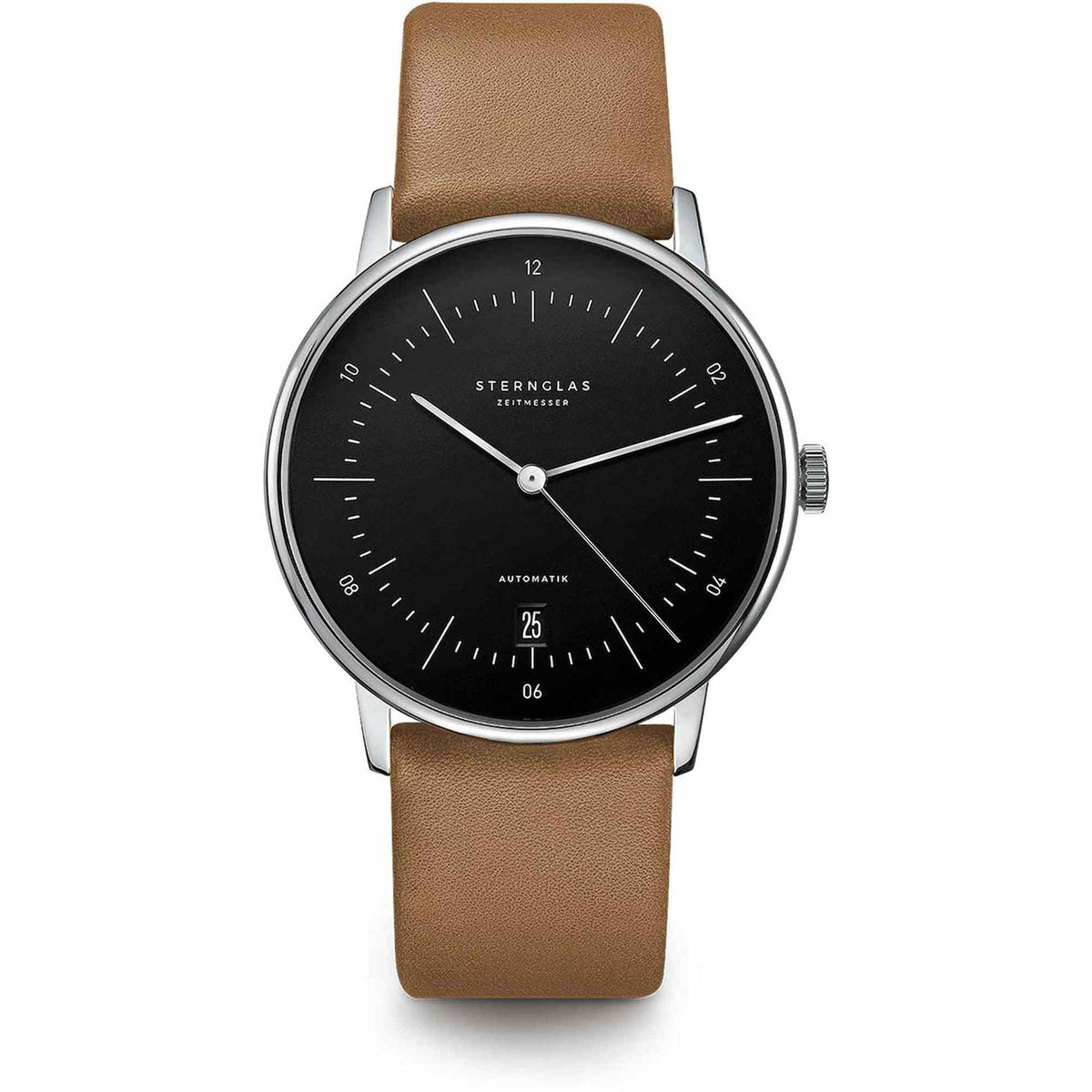 Sternglas Naos/A 38mm Automatic Watch S02-NA03-PR01, Black Silver Dial, Sapphire Crystal, Premium Brown Leather Strap, 5 ATM Water Resistant