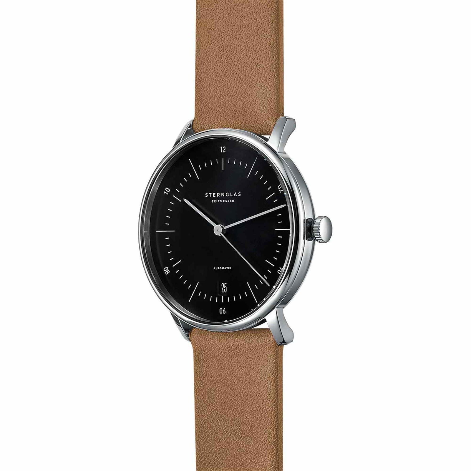 Sternglas Naos/A 38mm Automatic Watch S02-NA03-PR01, Black Silver Dial, Sapphire Crystal, Premium Brown Leather Strap, 5 ATM Water Resistant