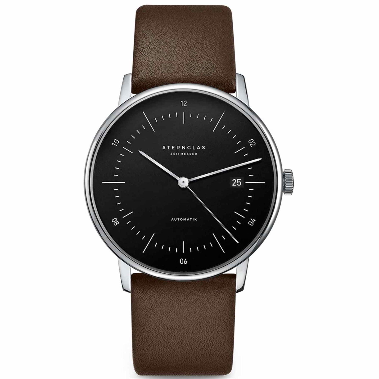 Sternglas Naos/A 38mm Automatic Watch S02-NA03-PR04, Black Silver Dial, Sapphire Crystal, Premium Dark Brown Leather Strap, 5 ATM Water Resistant