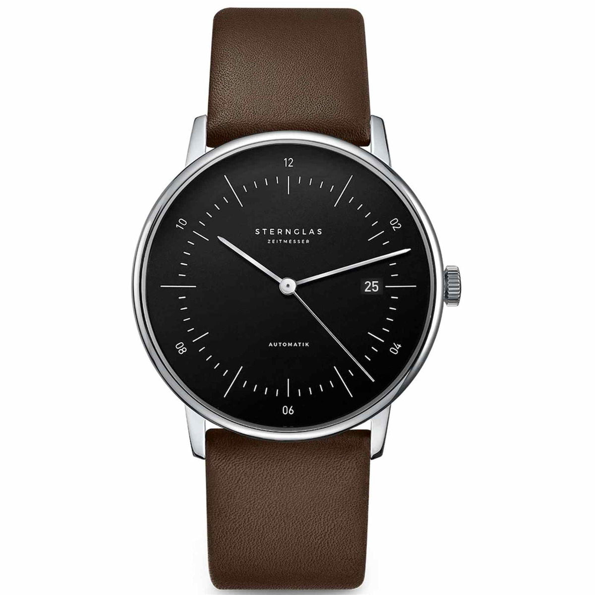 Sternglas Naos/A 38mm Automatic Watch S02-NA03-PR04, Black Silver Dial, Sapphire Crystal, Premium Dark Brown Leather Strap, 5 ATM Water Resistant