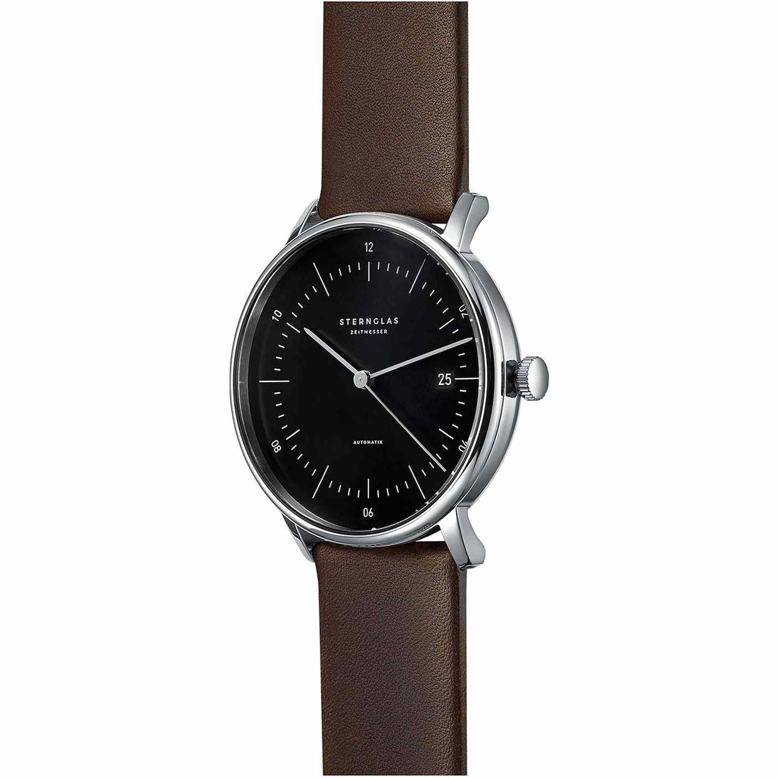 Sternglas Naos/A 38mm Automatic Watch S02-NA03-PR04, Black Silver Dial, Sapphire Crystal, Premium Dark Brown Leather Strap, 5 ATM Water Resistant