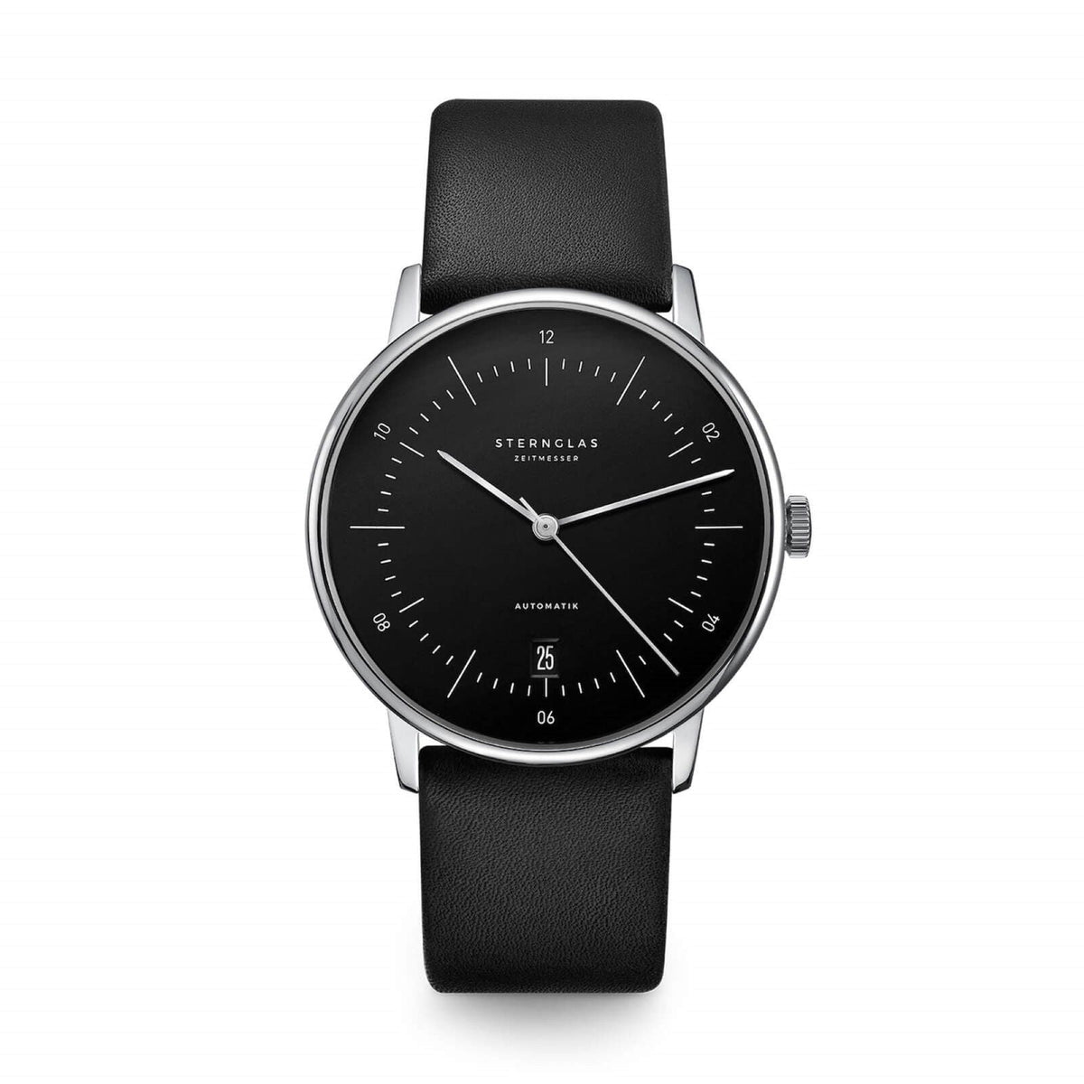 Sternglas Naos/A 38mm Automatic Watch S02-NA03-PR07, Black Silver Dial, Sapphire Crystal, Premium Black Leather Strap, 5 ATM Water Resistant