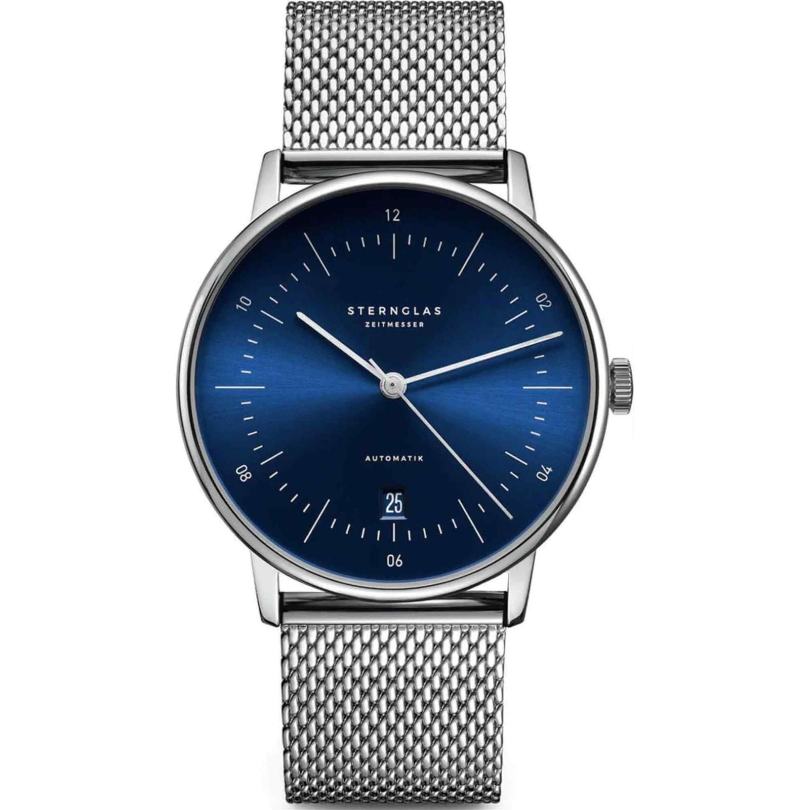 Sternglas Naos/A 38mm Automatic Watch S02-NA06-MI04, Sunburst Blue Silver Dial, Sapphire Crystal, Milanese Silver Strap, 5 ATM Water Resistant