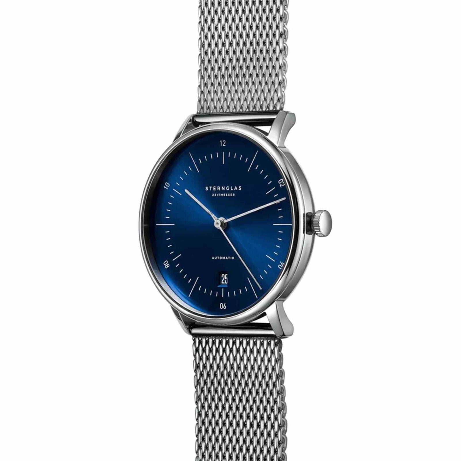 Sternglas Naos/A 38mm Automatic Watch S02-NA06-MI04, Sunburst Blue Silver Dial, Sapphire Crystal, Milanese Silver Strap, 5 ATM Water Resistant