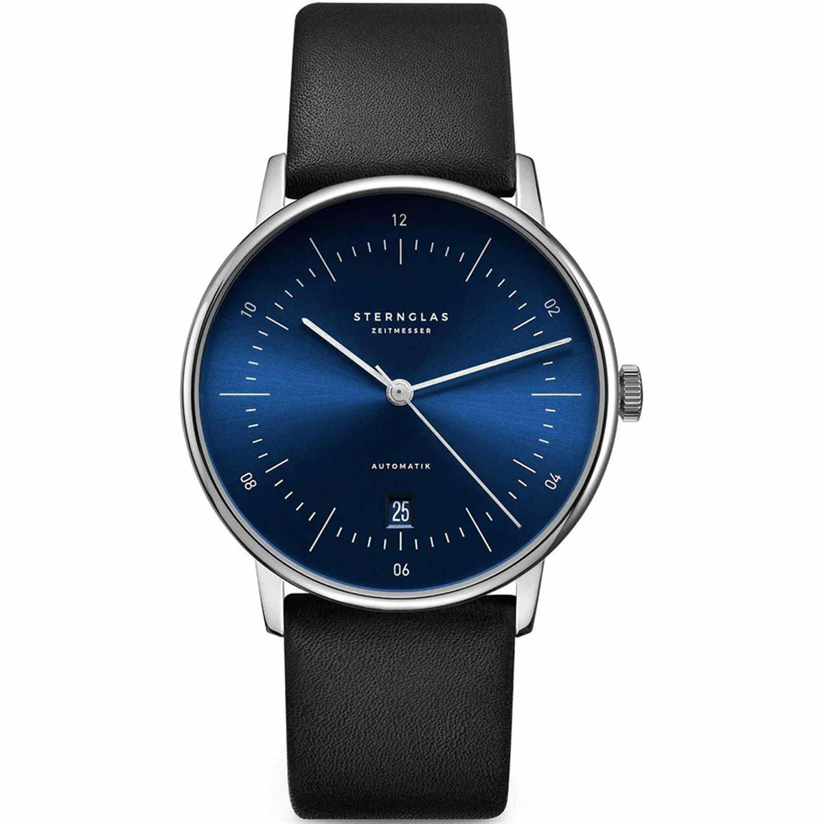 Sternglas Naos/A 38mm Automatic Watch S02-NA06-PR07, Sunburst Blue Silver Dial, Sapphire Crystal, Premium Black Leather Strap, 5 ATM Water Resistant