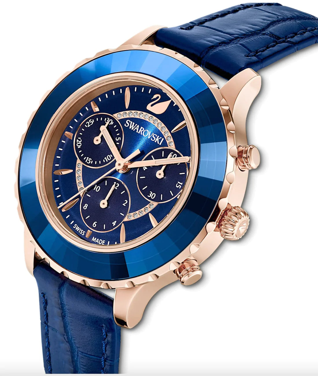 Swarovski Octea Lux Chrono Blue – Rose Gold Stainless Steel & Blue Leather Chronograph Watch | Swiss-Made