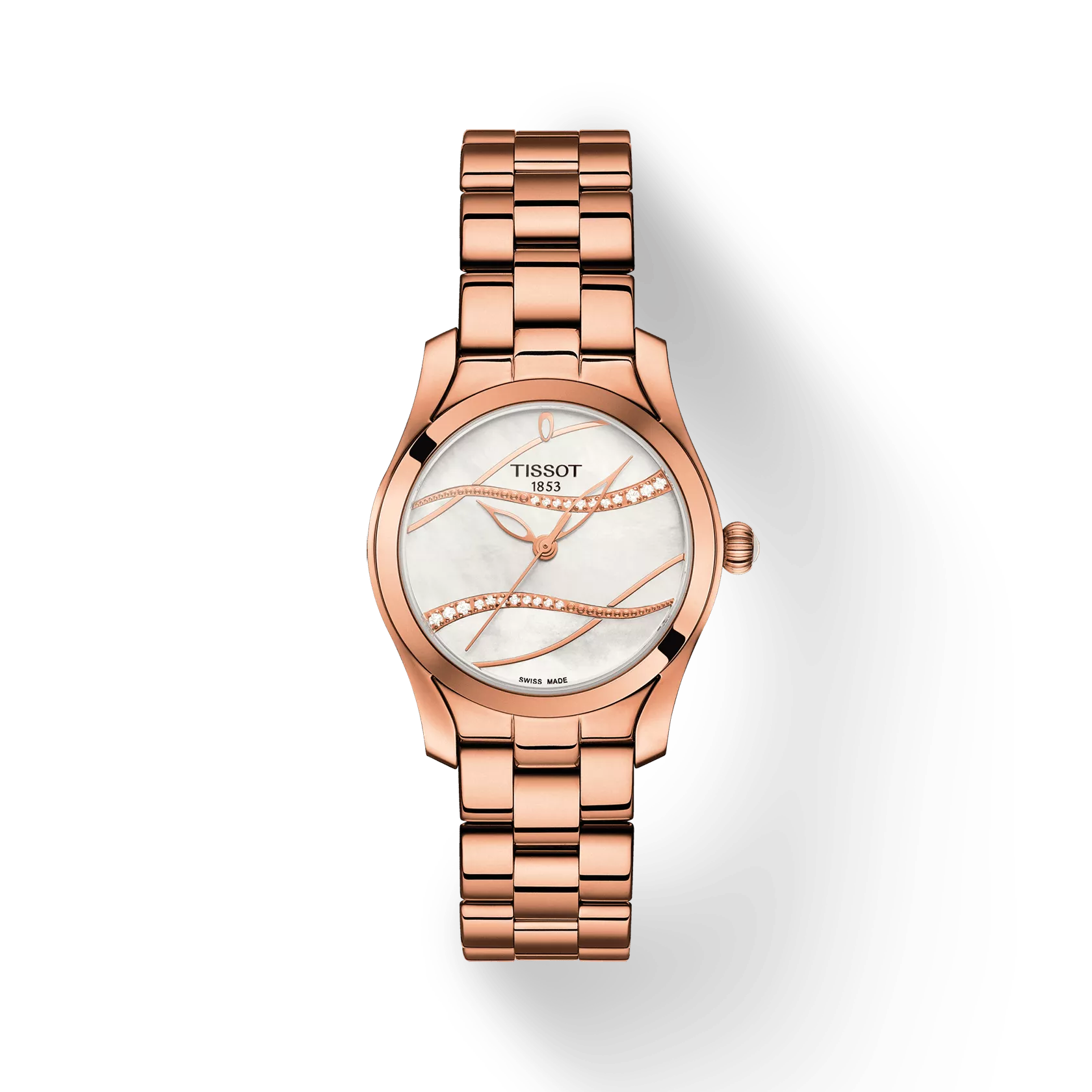 Tissot T-Wave 30mm Quartz Watch T1122103311100, White Mother-of-Pearl Dial with Diamonds, Rose Gold PVD Case, Swiss Made, 30M Water Resistance